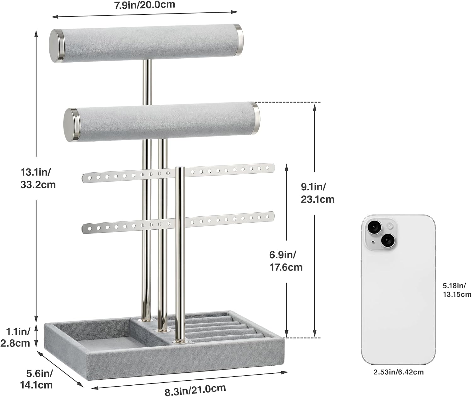 Detachable T Bar Velvet Bracelet Holder / Grey / Standard