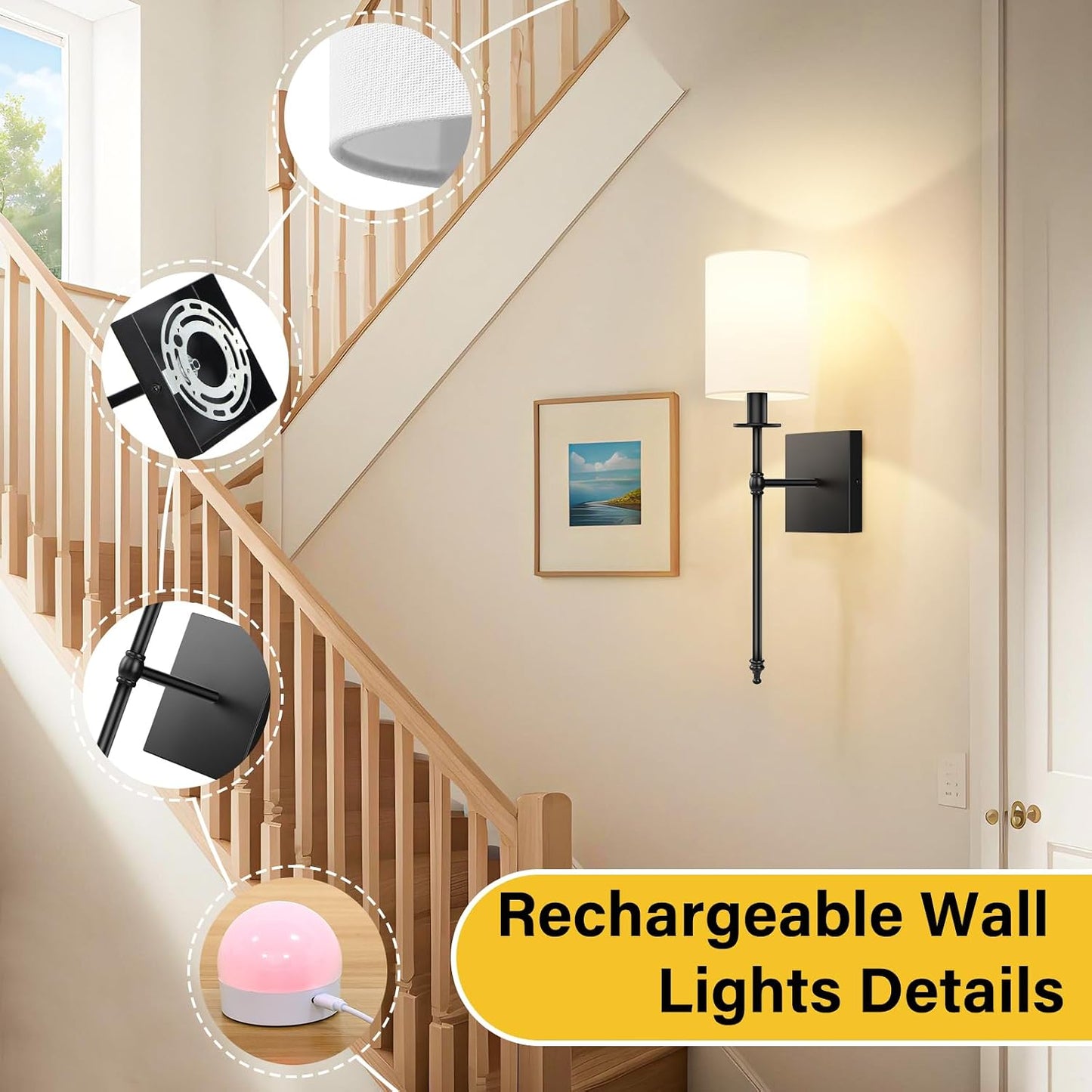 19 Inch Black Battery Operated Wall Sconces Set of 2, Rechargeable Wireless Wall Lights with Remote & White Fabric