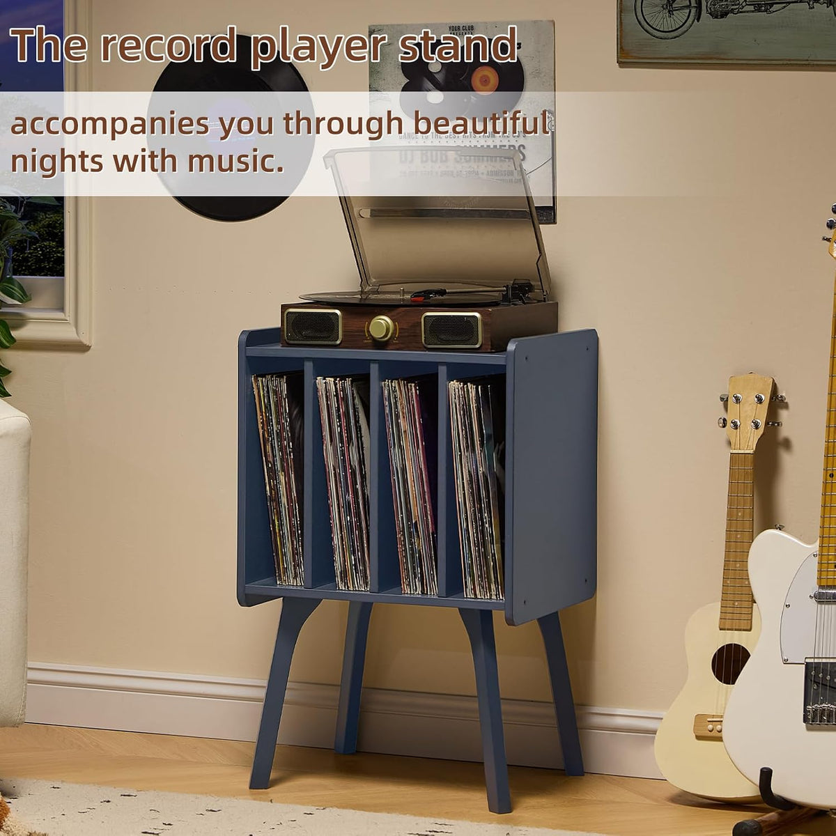 Record Player Stand, Blue Vinyl Record Storage Table for Albums | Mid-Century Modern Turntable Stand with Wood Legs, 4