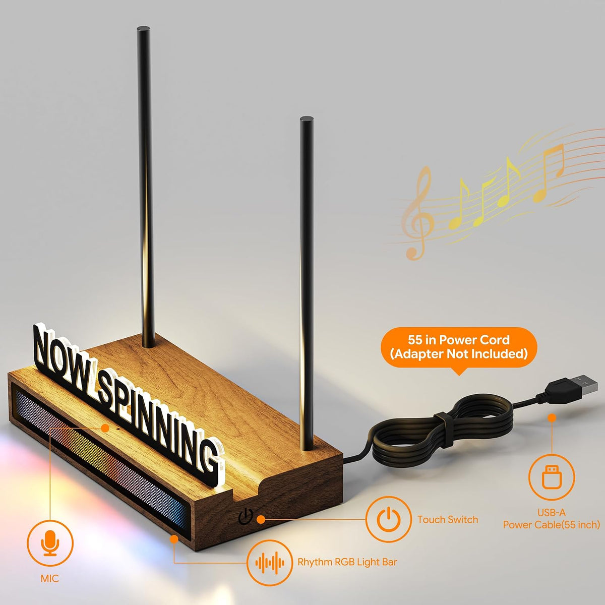 Now Spinning Vinyl Record Stand, Light Up Wooden Acrylic Album Display Holder with RGB Sound-Control Rhythm Lights