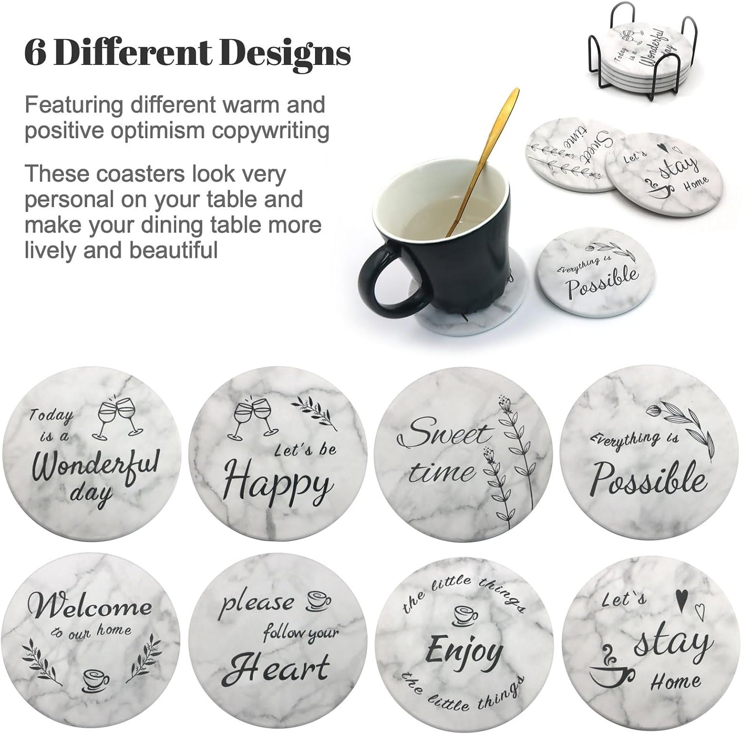 Holder / Round Marble Style Absorbent Farmhouse Coaster / Set of 8