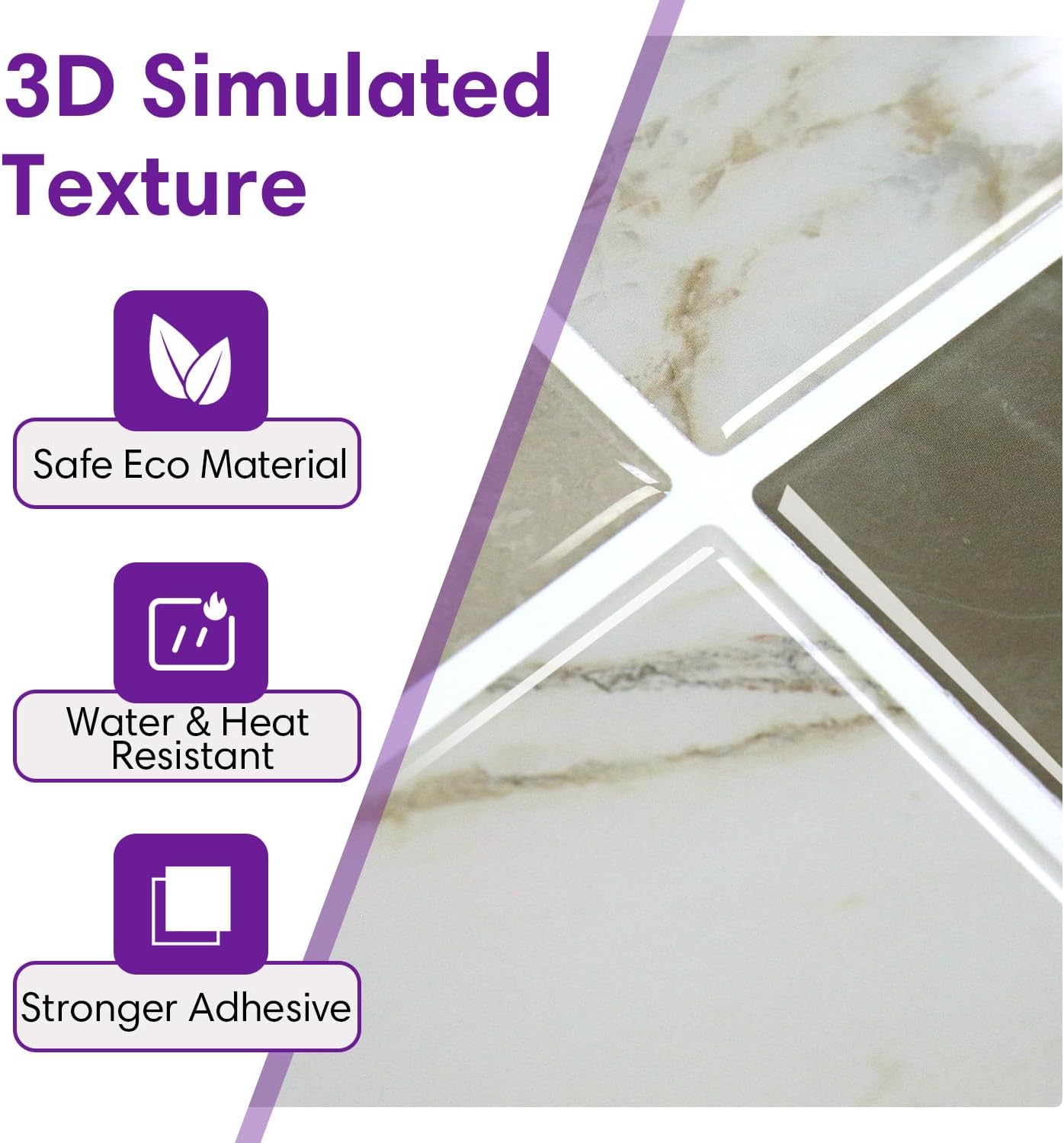 Thicker Marble Peel and Stick Backsplash Tiles- of "-3D / ST-SM-G / Brown / 12 x 12 / Set of 10