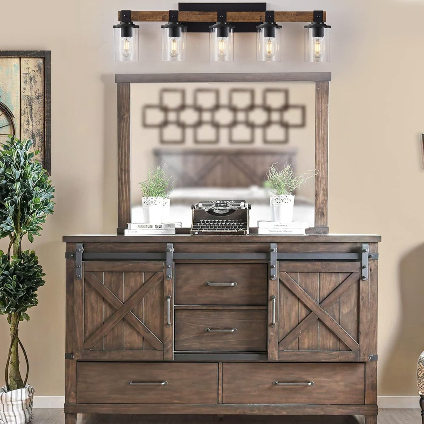 DUJAHMLAND Farmhouse Vanity Lights, 5-Light Wood Bathroom Wall Lighting with Clear Glass, Industrial Metal Wall Sconce