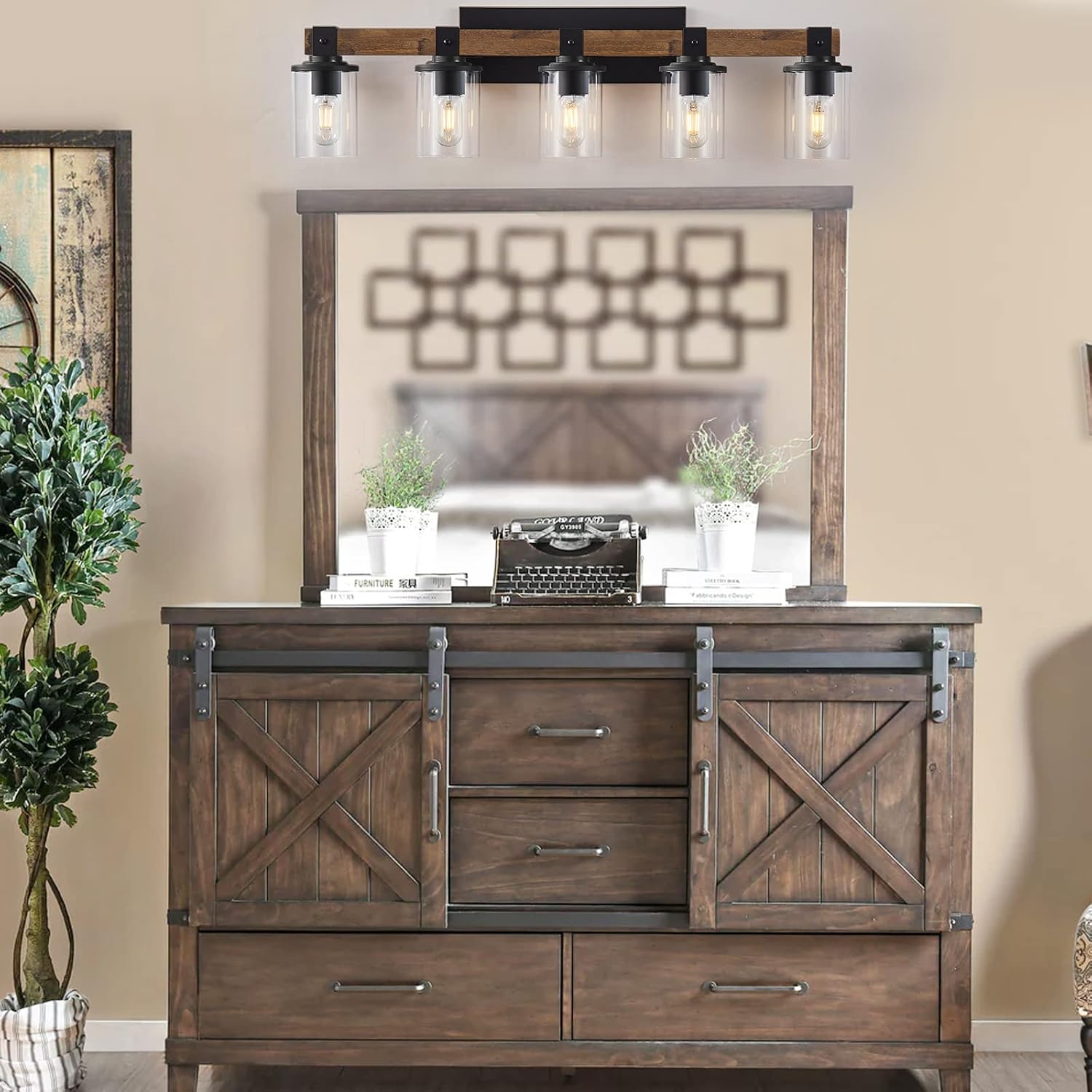 DUJAHMLAND Farmhouse Vanity Lights, 5-Light Wood Bathroom Wall Lighting with Clear Glass, Industrial Metal Wall Sconce