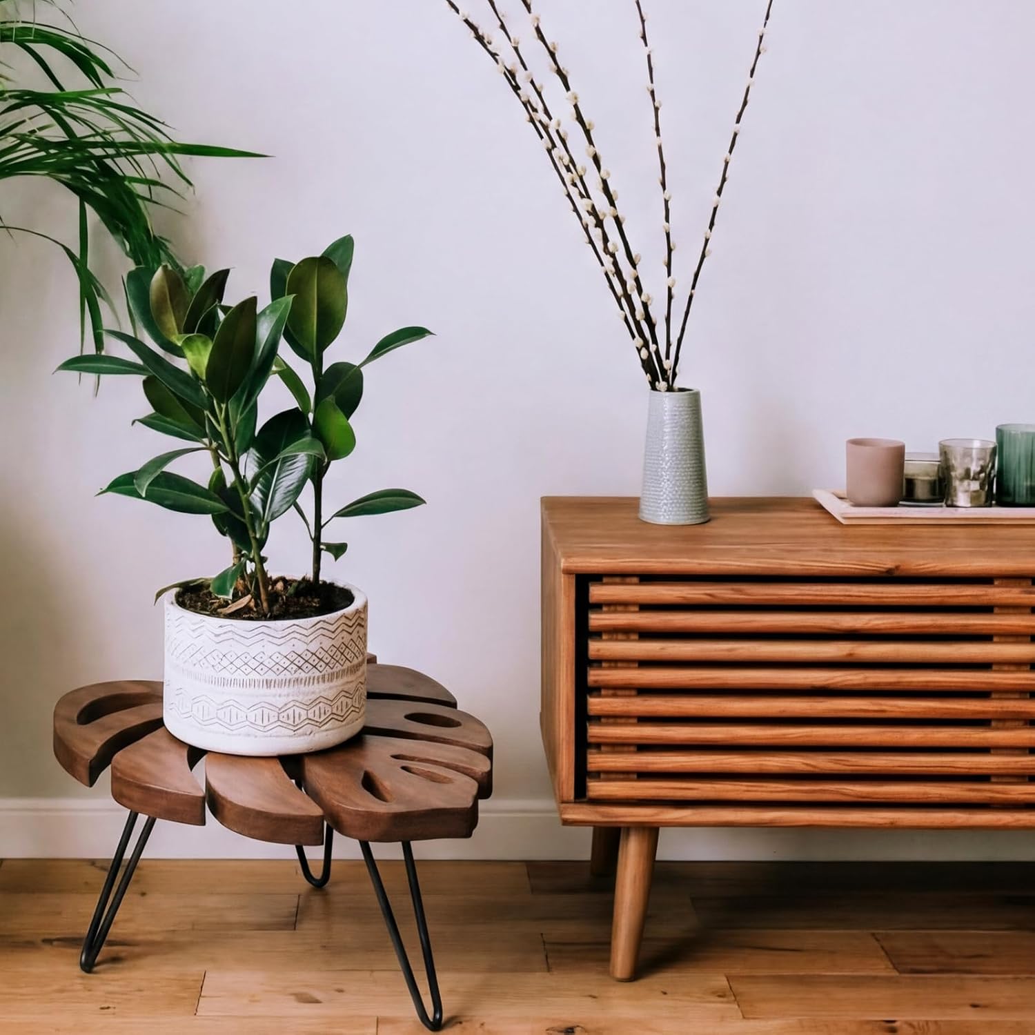 Monstera Leaf Short Plant Stand Small Wooden Plant Stool Stand Risers Pedestal Display Decorative
