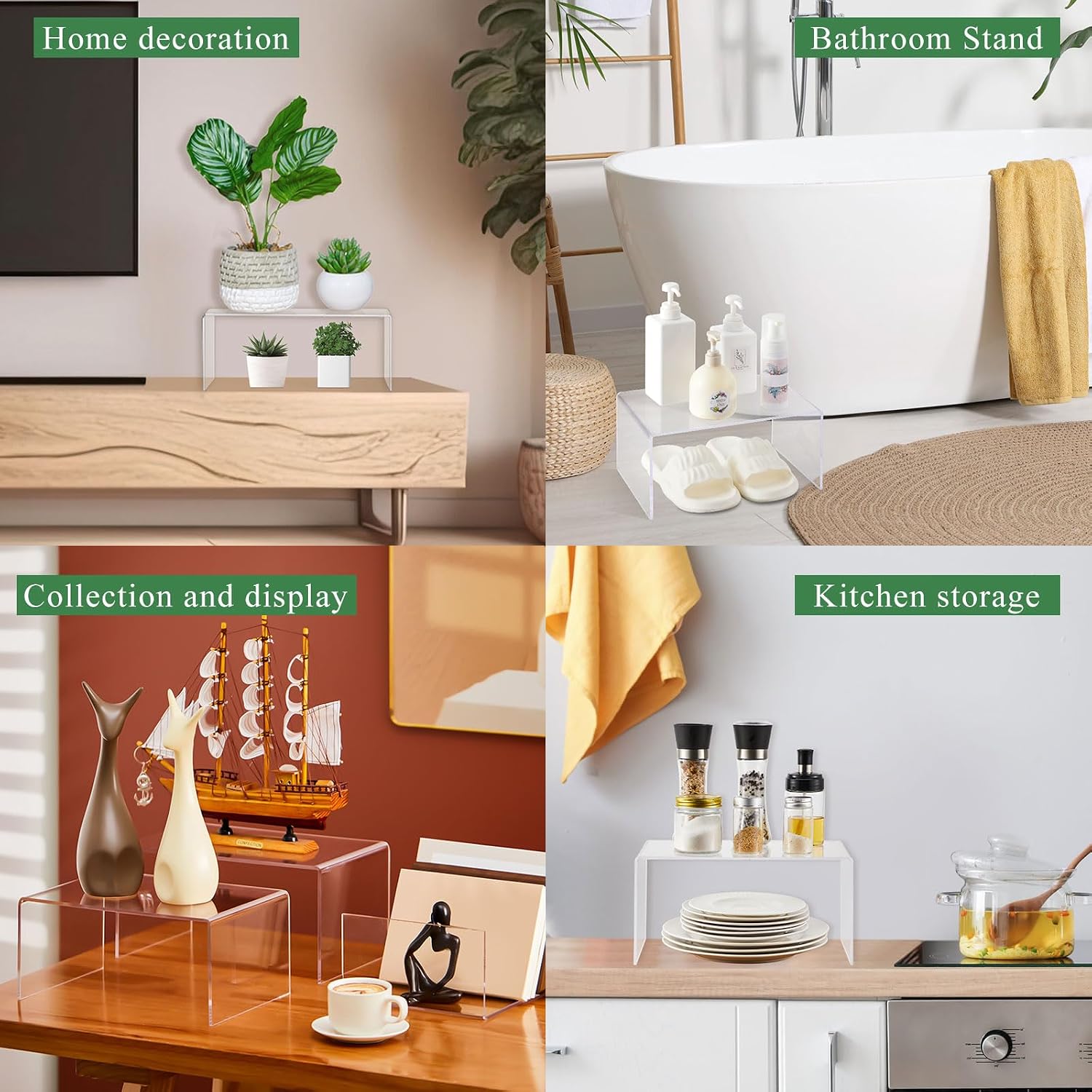 RattanView 3 Pcs Extra Large 17, 16, 15 Inch Clear Acrylic Display Risers | 8 mm Thick Rectangular Acrylic Shelf Riser
