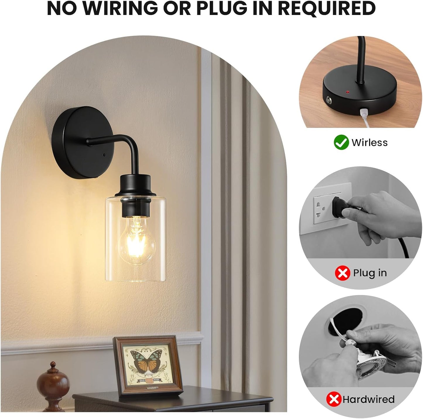 Epinl Battery Operated Black Wall Sconce Set of 2, Wireless Rechargeable Wall Lights with Remote Control, Modern