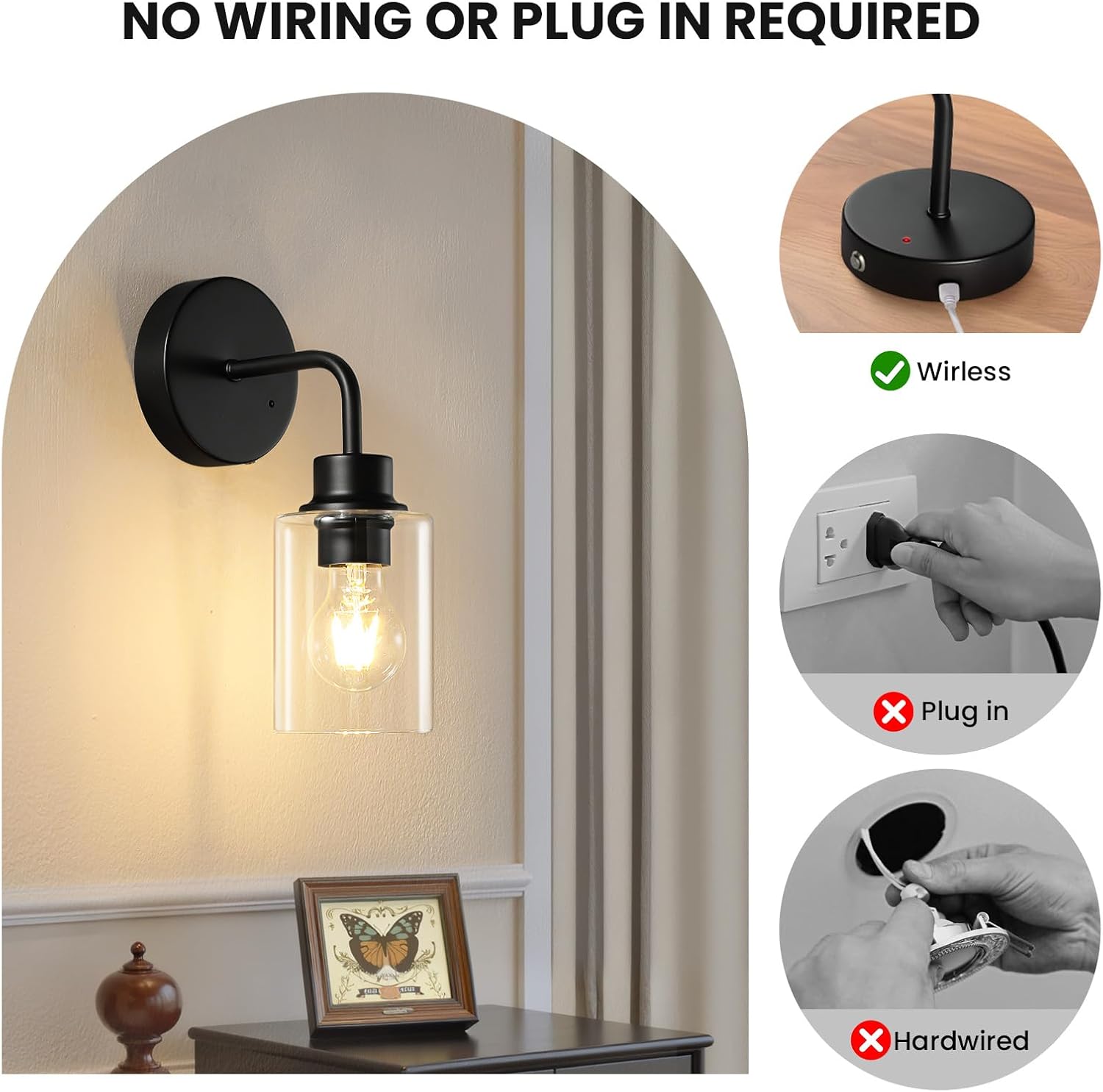 Epinl Battery Operated Black Wall Sconce Set of 2, Wireless Rechargeable Wall Lights with Remote Control, Modern