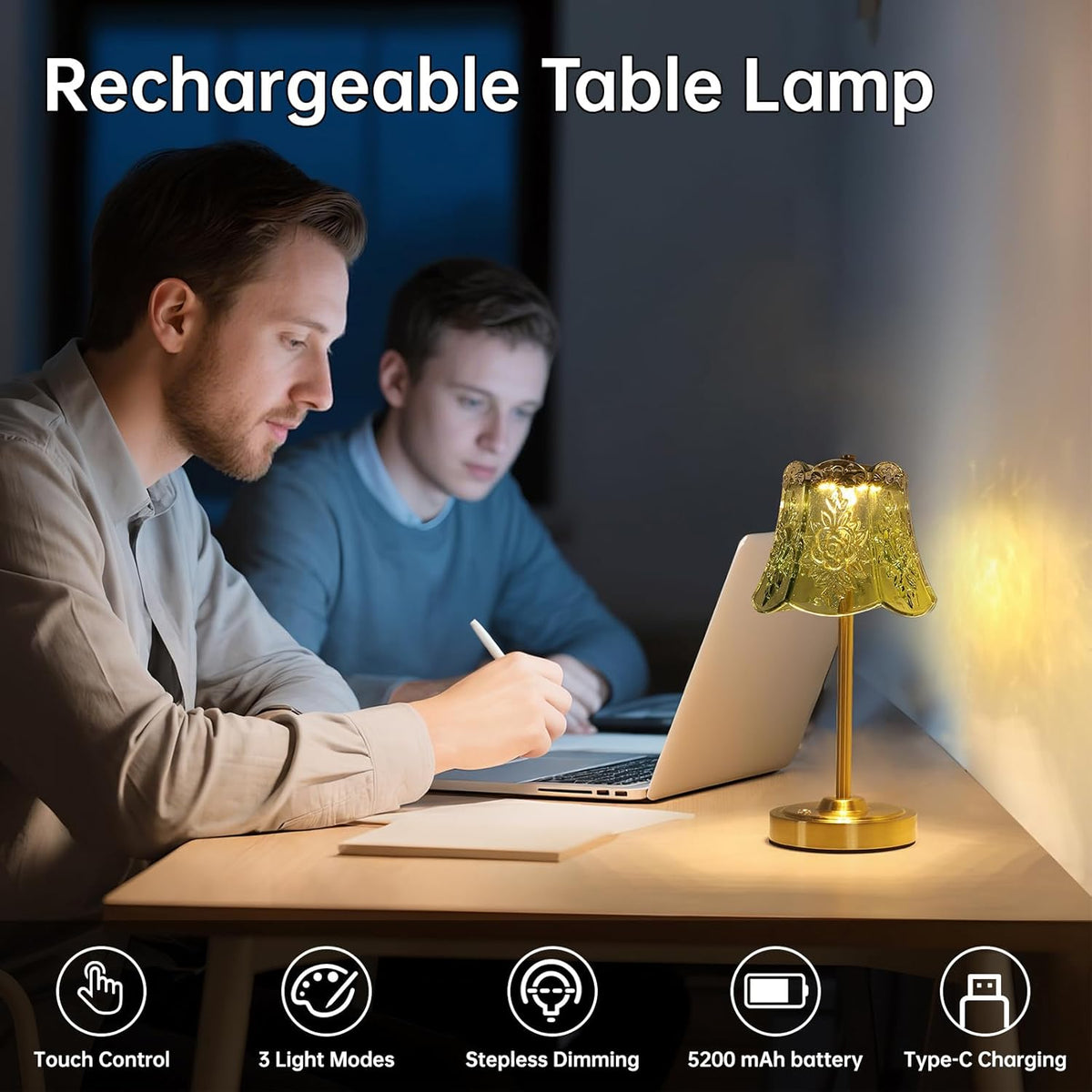 Shenmoyl Set of 2 Cordless Touch Table Lamp with 5200mAh Battery - 3 Adjustable Color Temperatures & Dimmable