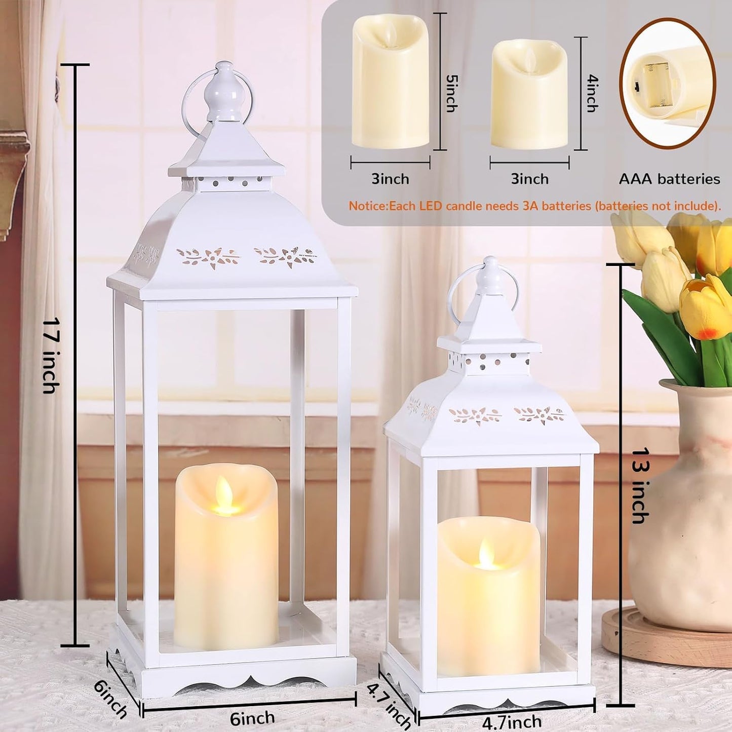 Decorative Candle Lanterns Set of 2, White Metal for Indoor & Outdoor | Ideal For Porch, Entryway, Wedding & Christmas