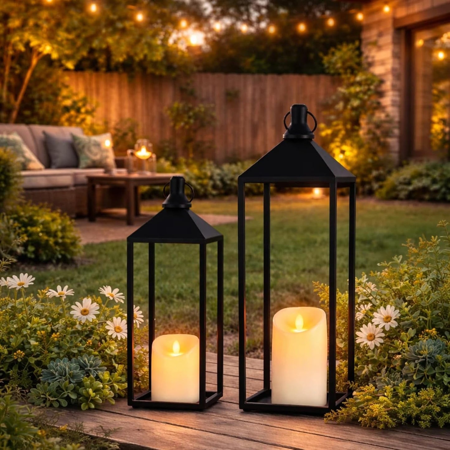 Lanterns Decorative Outdoor Indoor, 17" 13" Set of 2 Black Candle Lanterns | No Glass Metal Outdoor Lantern for Porch