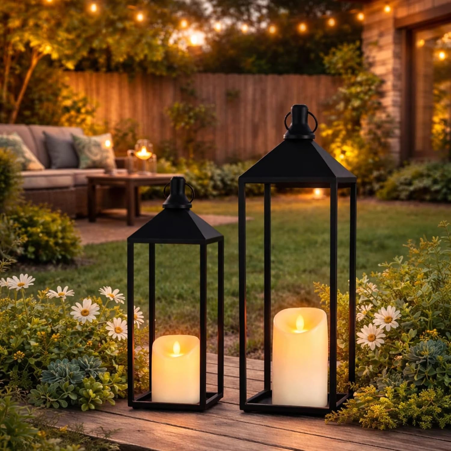 Lanterns Decorative Outdoor Indoor, 17" 13" Set of 2 Black Candle Lanterns | No Glass Metal Outdoor Lantern for Porch