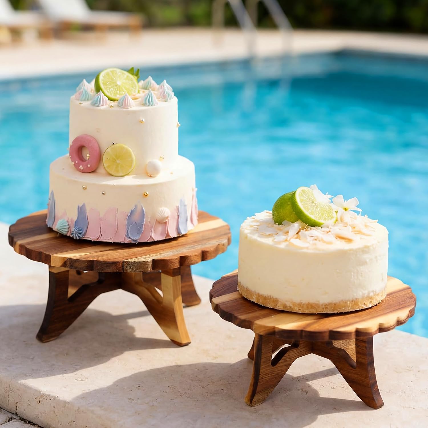 Farmhouse Wood Cake Stand 12'' 10'' 8'' Acacia Wooden Rustic Cupcake Holder / Lace / Set of 3