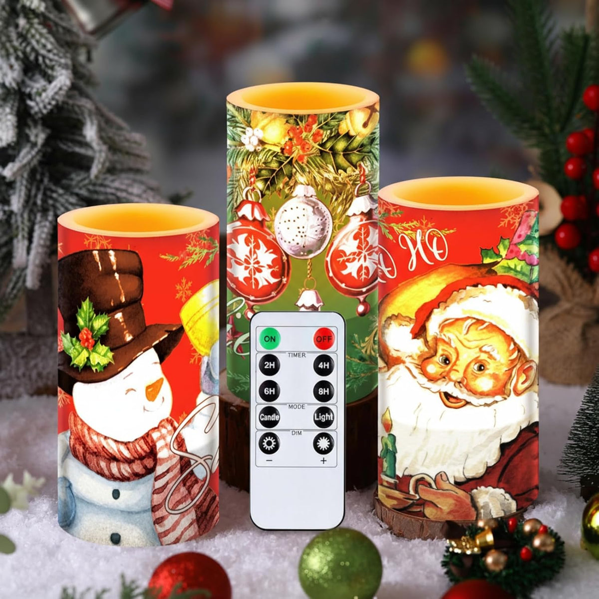 Retisee 3 Pcs Christmas Flameless Candles with Remote Timer Real Wax LED Flickering Pillar Candle White Cold Light Battery Operated for Home Window Xmas Gift Winter Holiday Decor(Red Green)