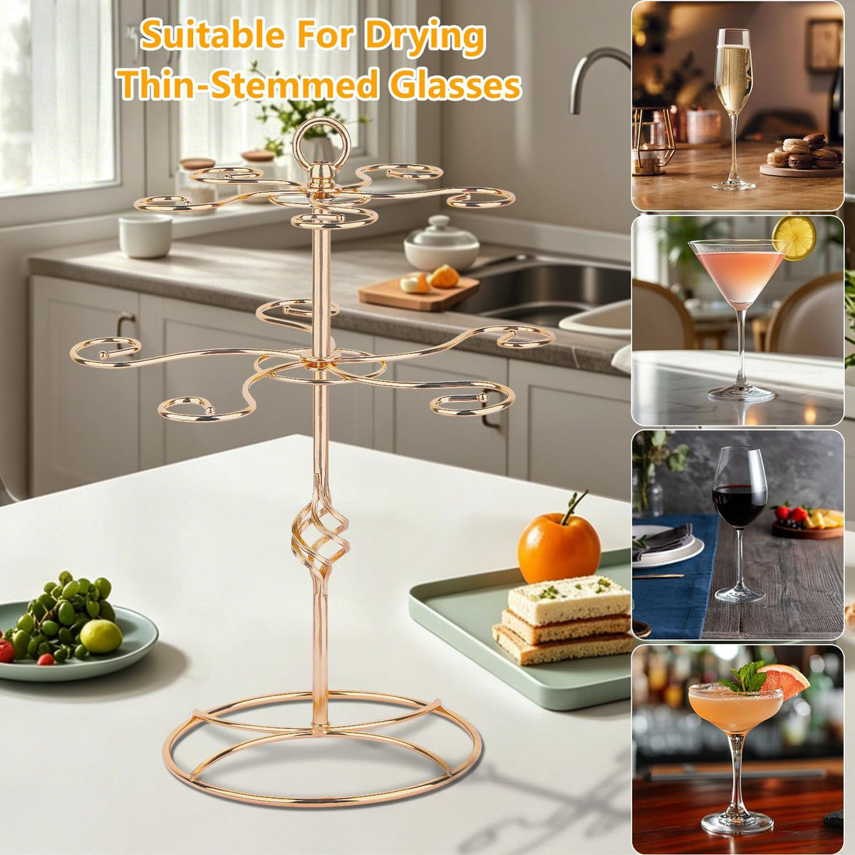 QPIX DIGITAL Wine Glass Rack 2 Tier 10 Holders Wine Glass Holder Stand, Elegant Rose Gold Cocktail Tree Stand