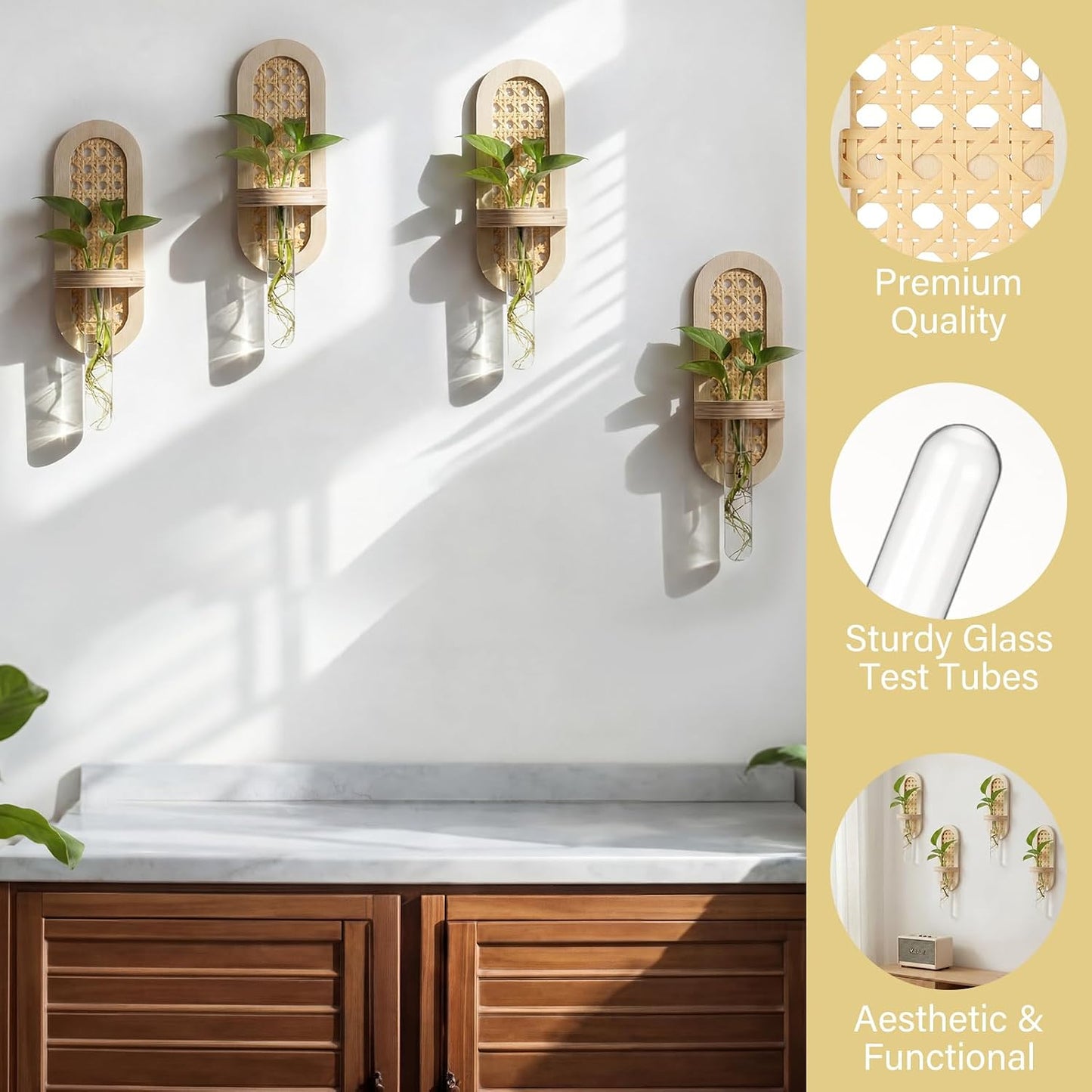 Wooden Rattan Wall Propagation Vases Wood Wall Vase Set Boho Hanging / Natural / 8 Inch / Set of 4