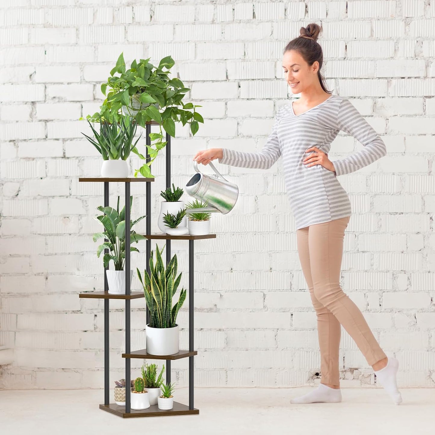 Oppro Plant Stand Indoor Outdoor, 6 Tier Corner Tall Metal Wood Shelf | Muti-Level Planter Holder, Sturdy Large