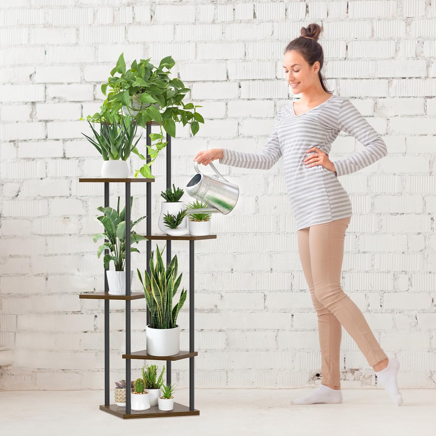 Oppro Plant Stand Indoor Outdoor, 6 Tier Corner Tall Metal Wood Shelf | Muti-Level Planter Holder, Sturdy Large