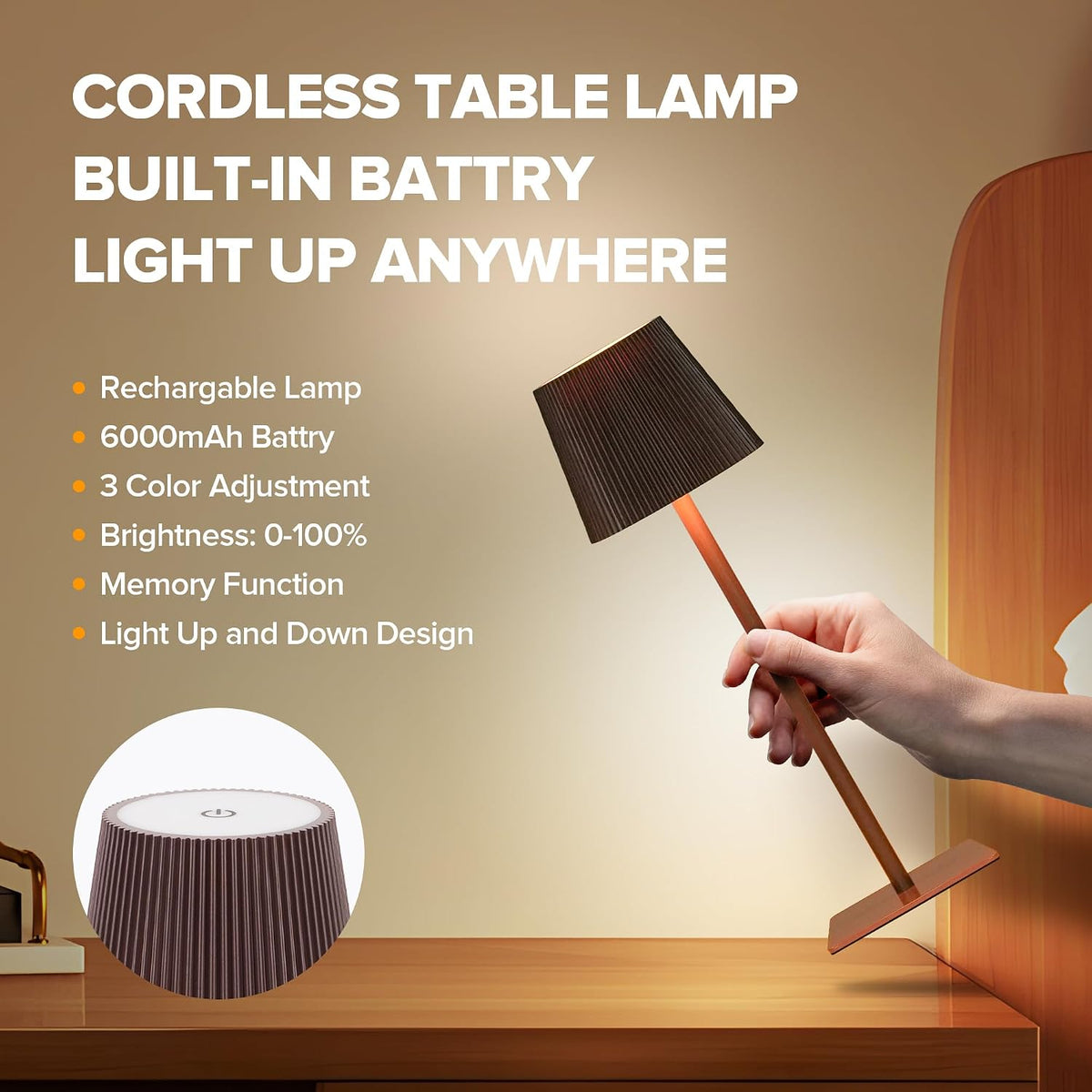LUTEC 2 Pack Cordless Table Lamp,6000mAh Rechargeable Battery Operated Desk Lamp,Two Adjustable Heights,Waterproof