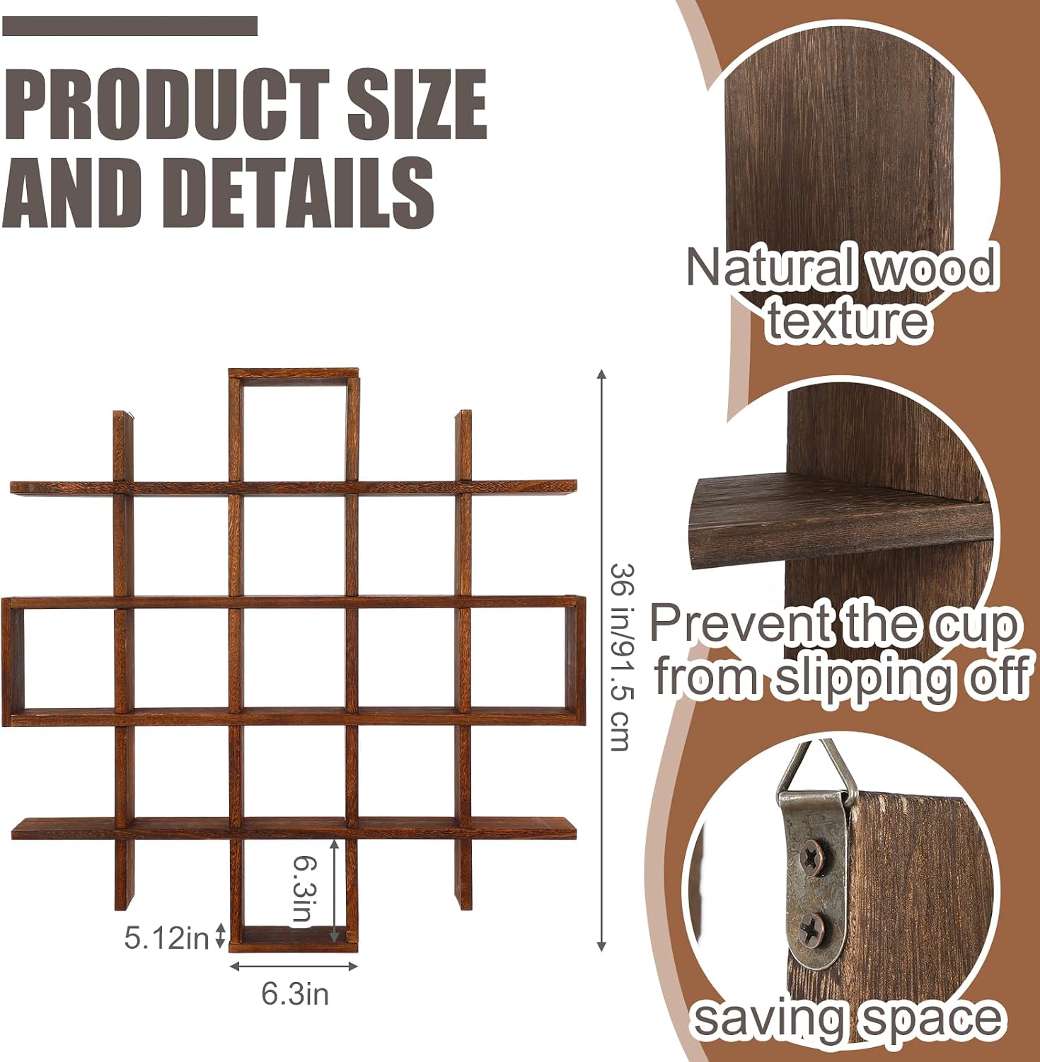 Suzile 5x5 Wall Shelf for Tea Cups Saucers, Rustic Wood Rack,Brown | Floating Curio Display with Coffee Mugs, Wall