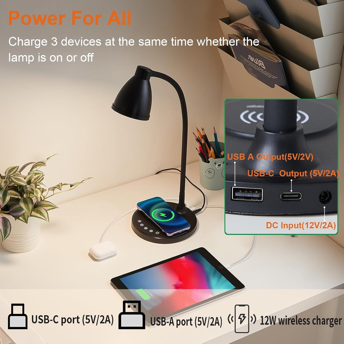 BOHON Desk Lamp for Home Office with USB C+A Charging Ports Timer Black | LED Desk Light with Wireless Charger 5 Colors