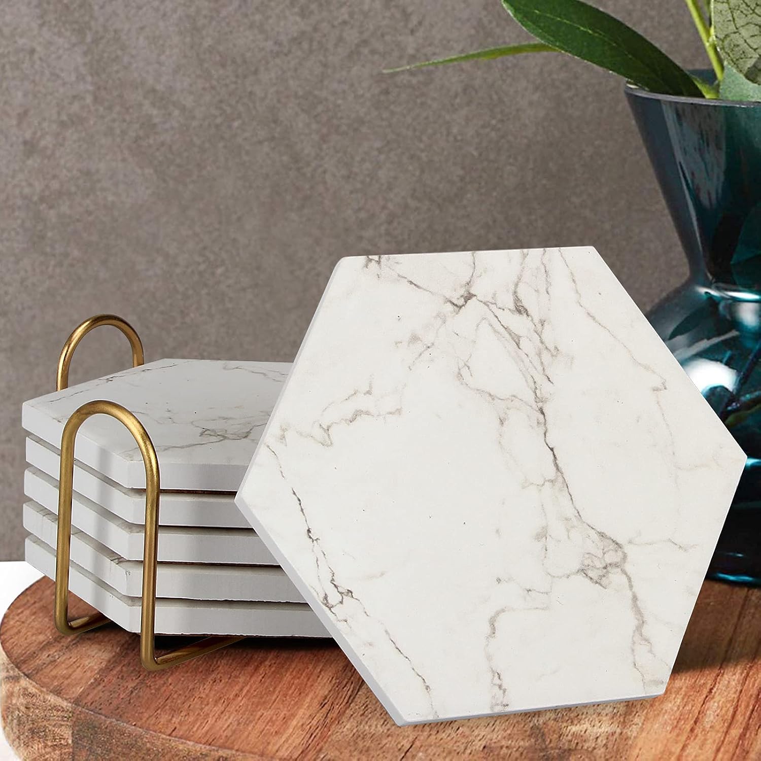 Holder Cool Cork Coster Modern White Ceramic Coasters Bar Desk Cup / Gray / Set of 6