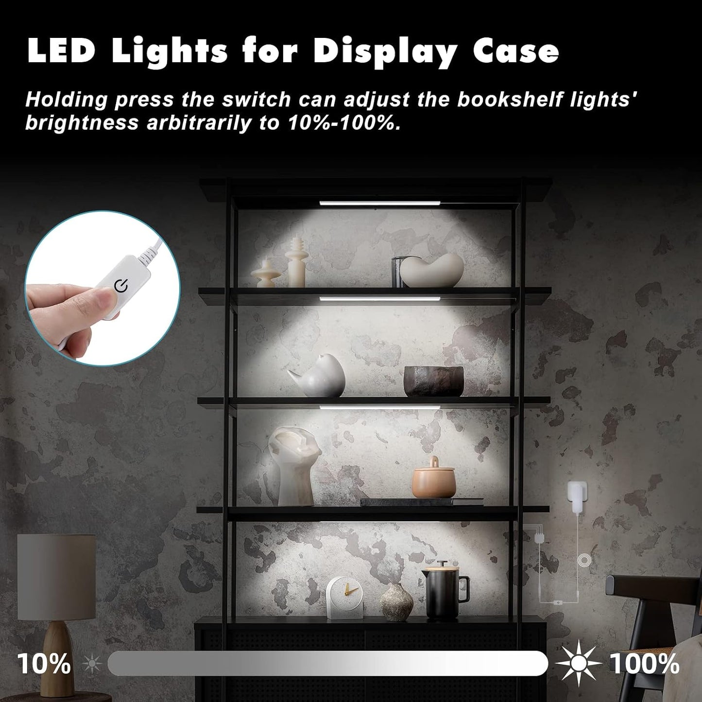 JUSJUBR 4-Pack Cold White Display Shelf Lights, Under Shelf Lighting with Memory Function, 12 Inch 6000K Plug-in