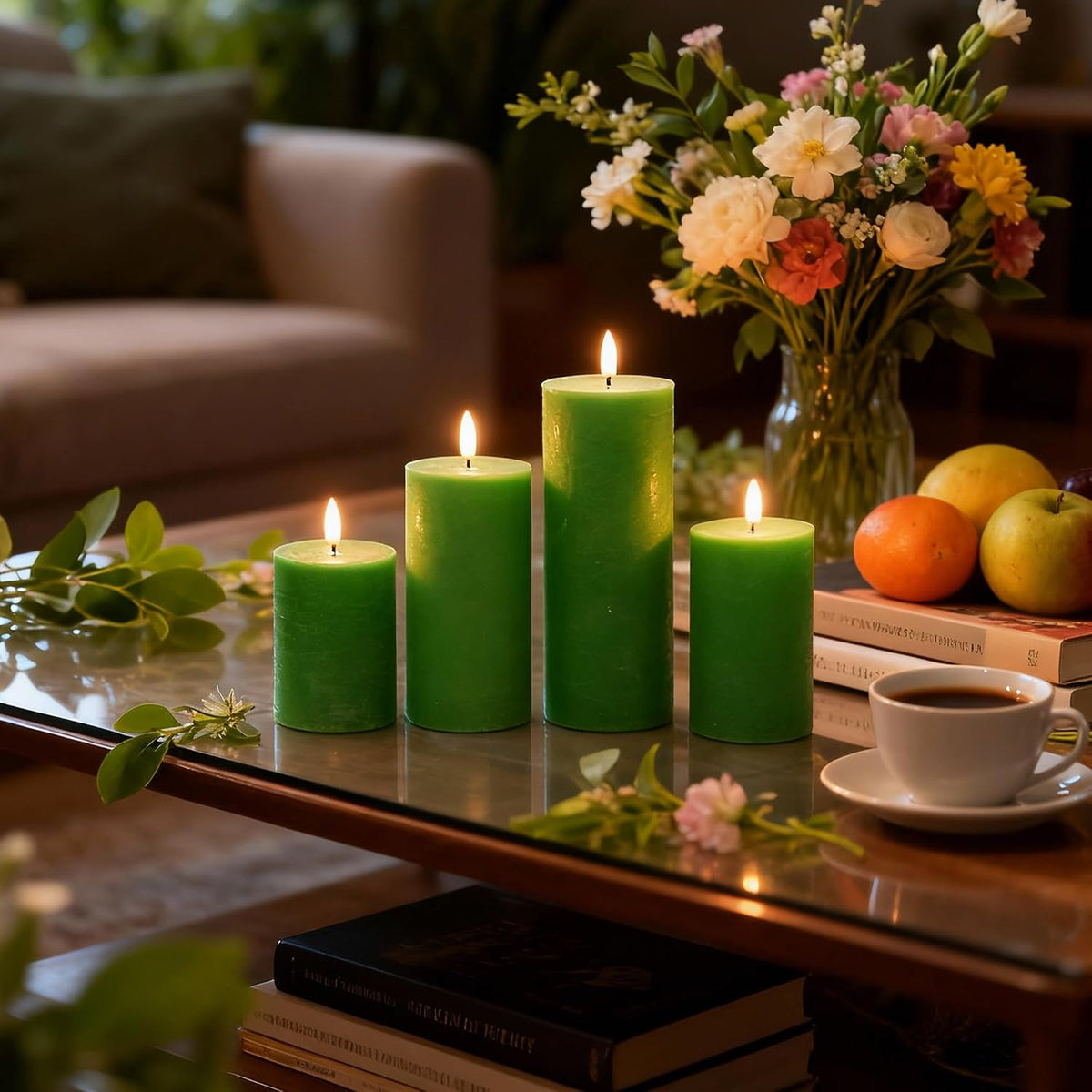 LUSHARBOR Green Flameless Candles, 4 Pack Battery Operated Candles for St. Patrick’s Day, Real Wax LED Fake Candles for