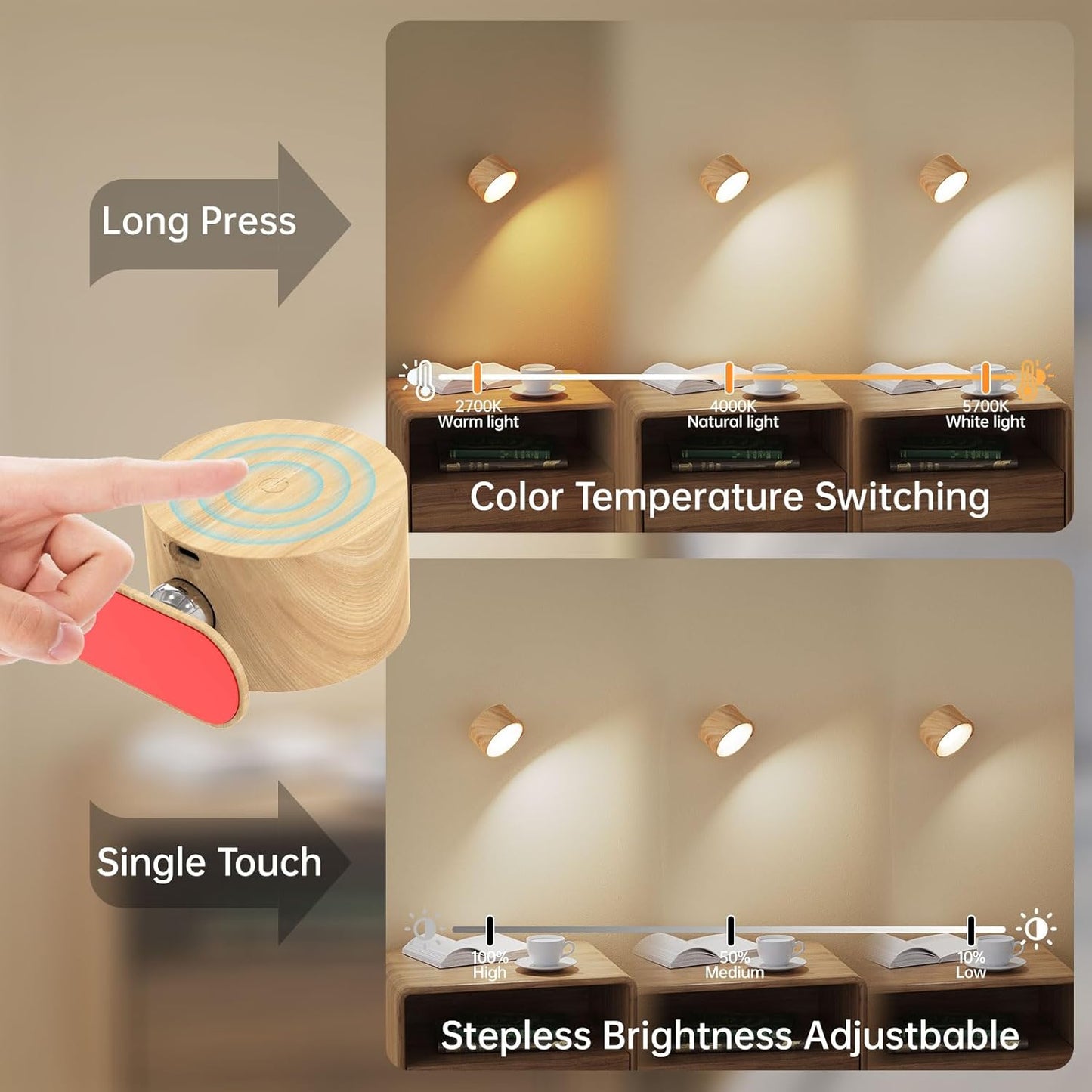 AKSDA Battery Operated Wall Sconces Set of 2, Magnetic Cordless LED Wall Lights with 3 Color Temp & Dimmable Touch