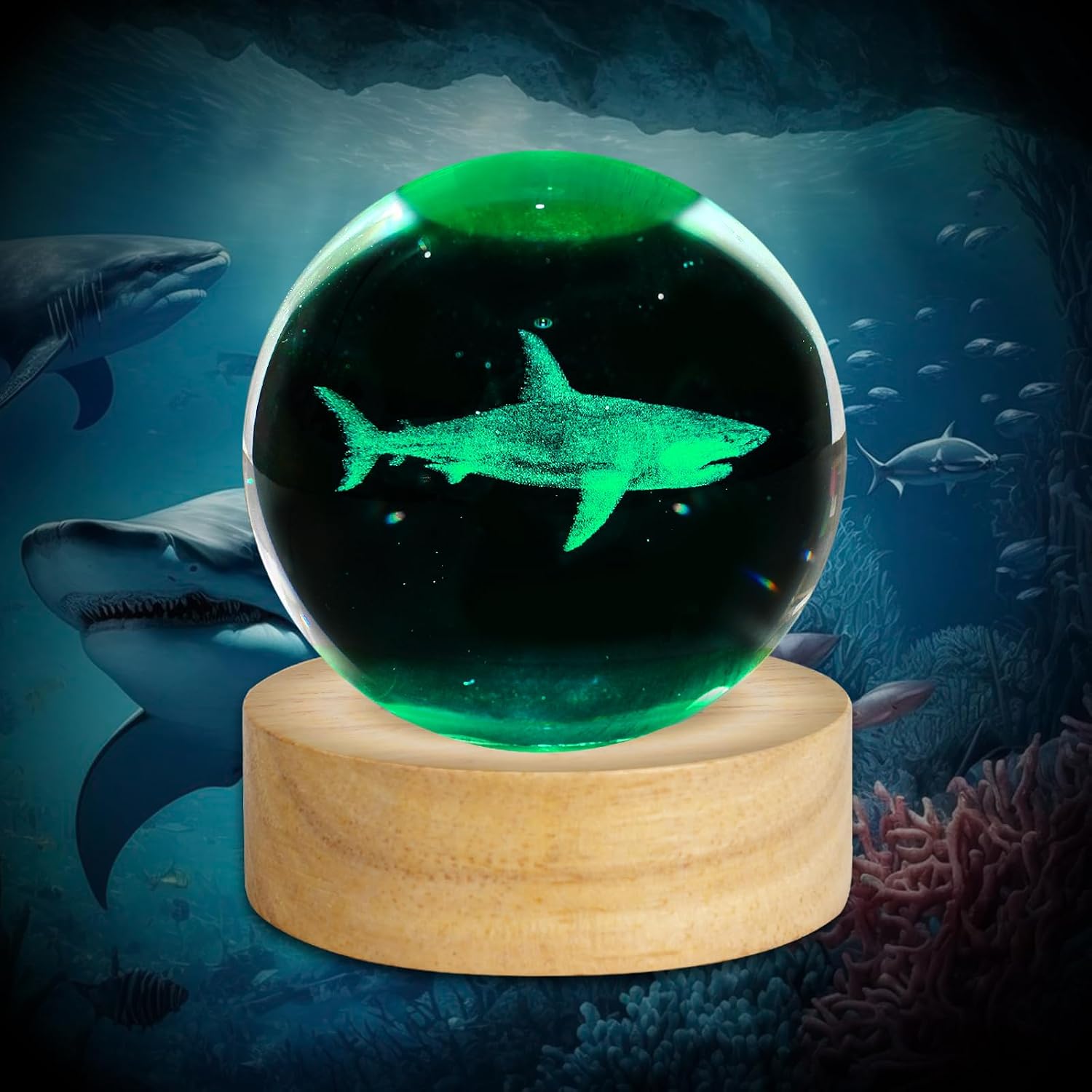 3D Crystal Ball Night Light Figurines Decor Table Lamp / Shark / 2.4 Inch