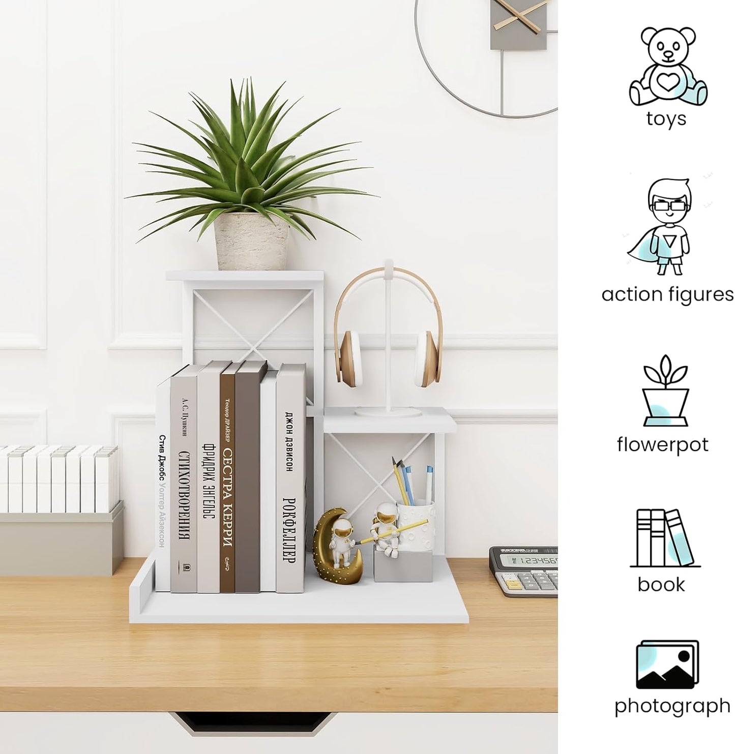 Wood Small Bookshelf Desktop Shelves and Organizer / White