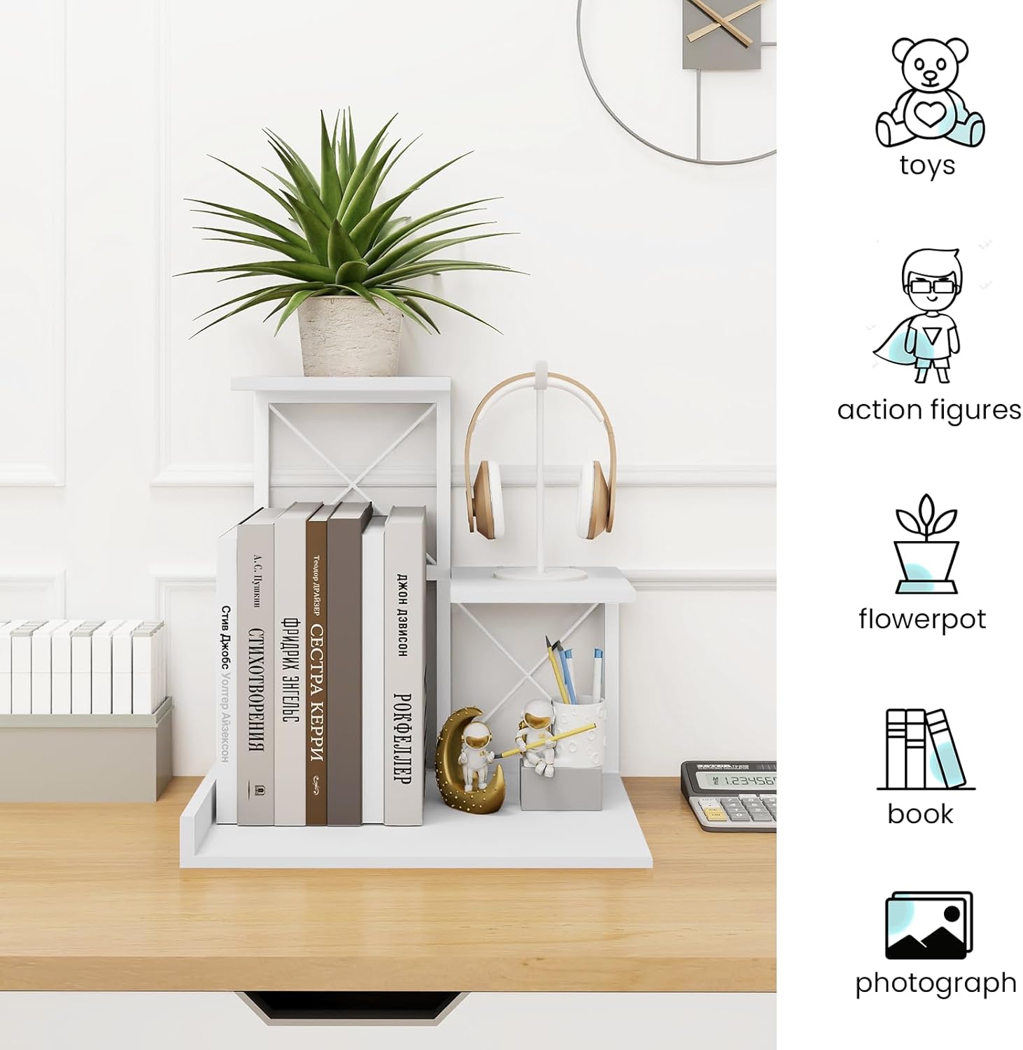 Wood Small Bookshelf Desktop Shelves and Organizer / White