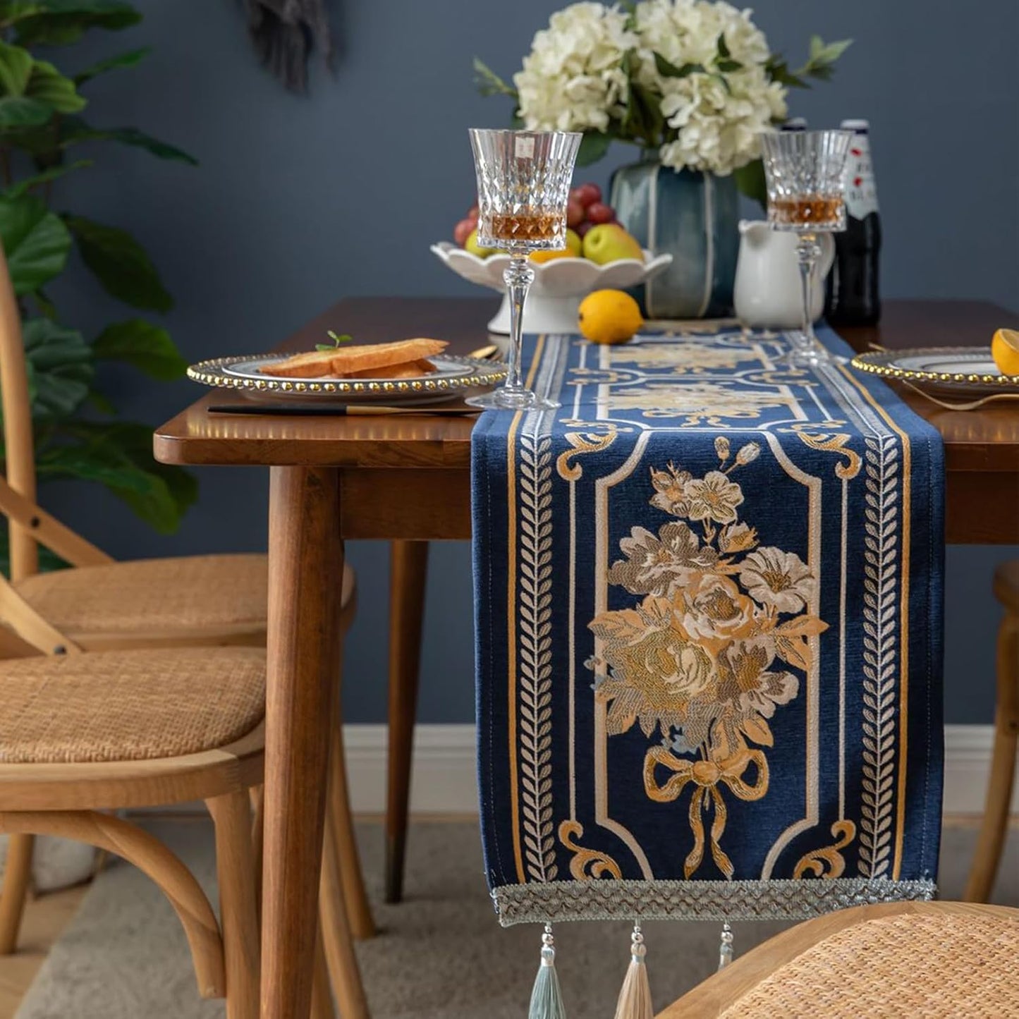 Embroidery Luxury Table Runner, Long Blue Dining Table Runner, Elegant Jacquard Dresser Scarf with Multi-Tassels for