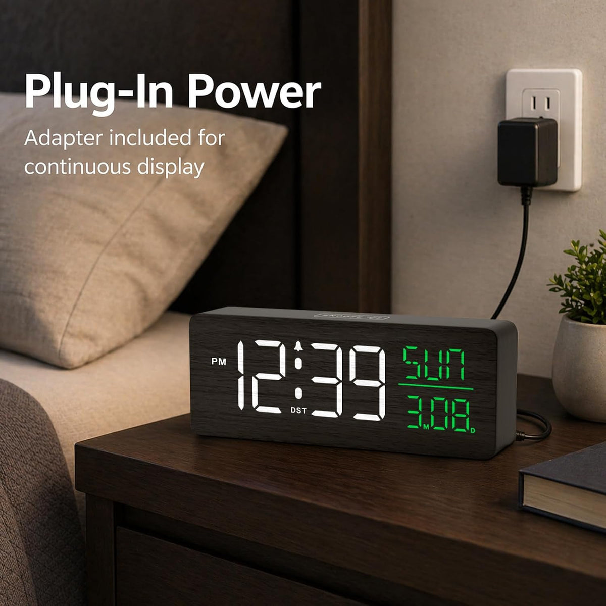 Peakeep Wooden Digital Alarm Clock Large Display, Textured Decoration | for Bedroom Living Room Desk Table, Electric