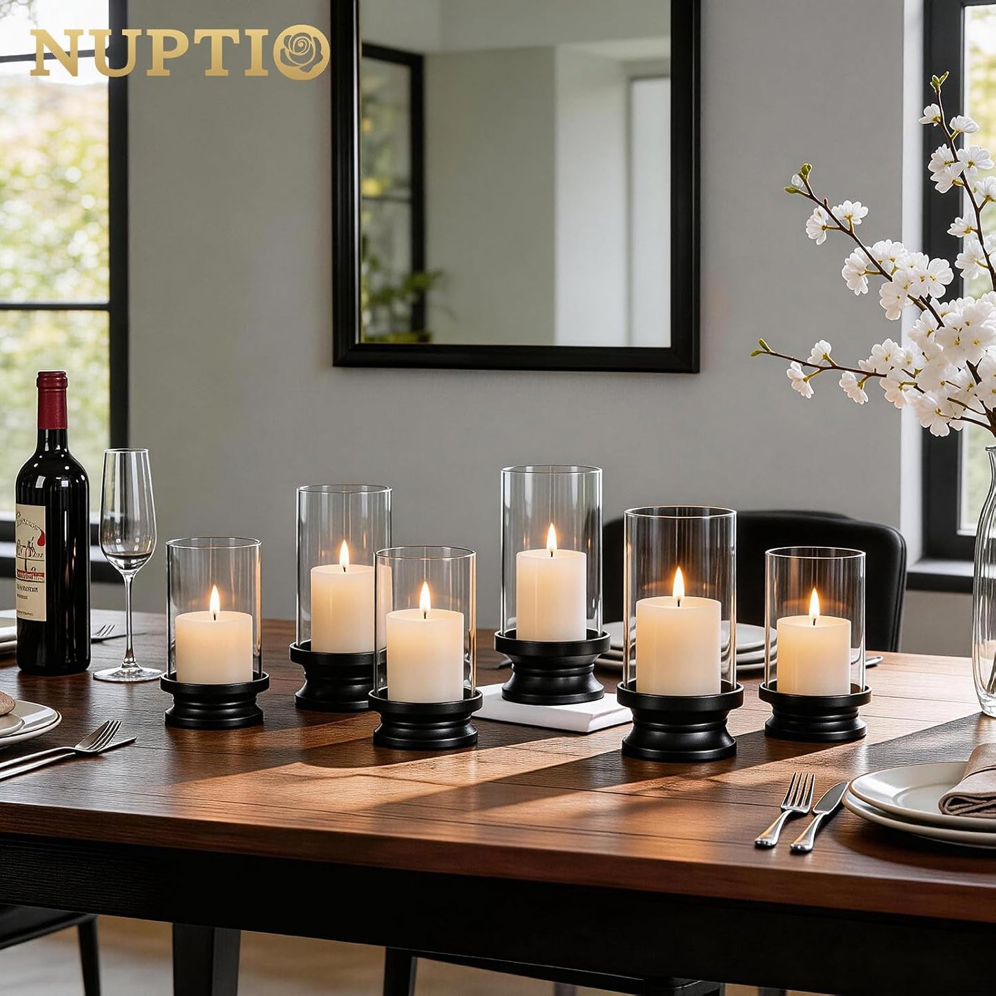 NUPTIO Hurricane Candle Holder for Pillar - Set of 2 Black | Pillar Candle Holders with Thick Glass Cylinder - Iron