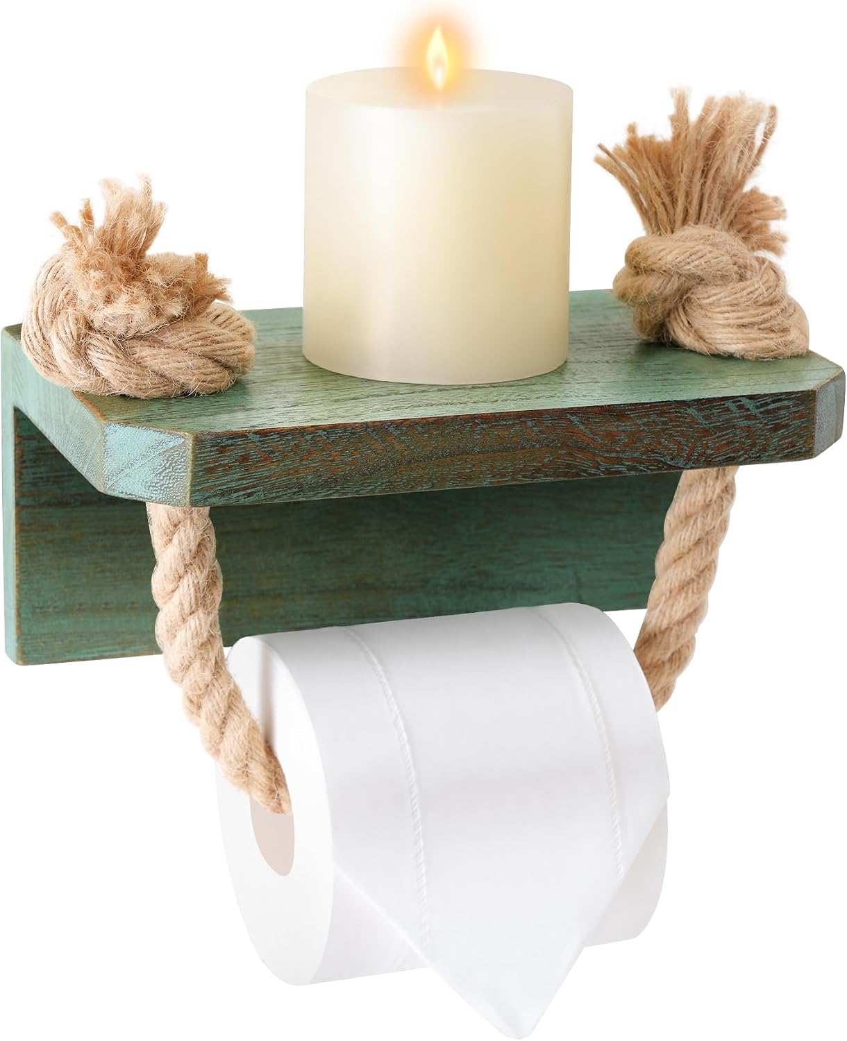 Rustic Rope Toilet Paper Holder Teal Farmhouse Bathroom Decor | Bathroom Accessory with Wood Shelf Nautical Coastal