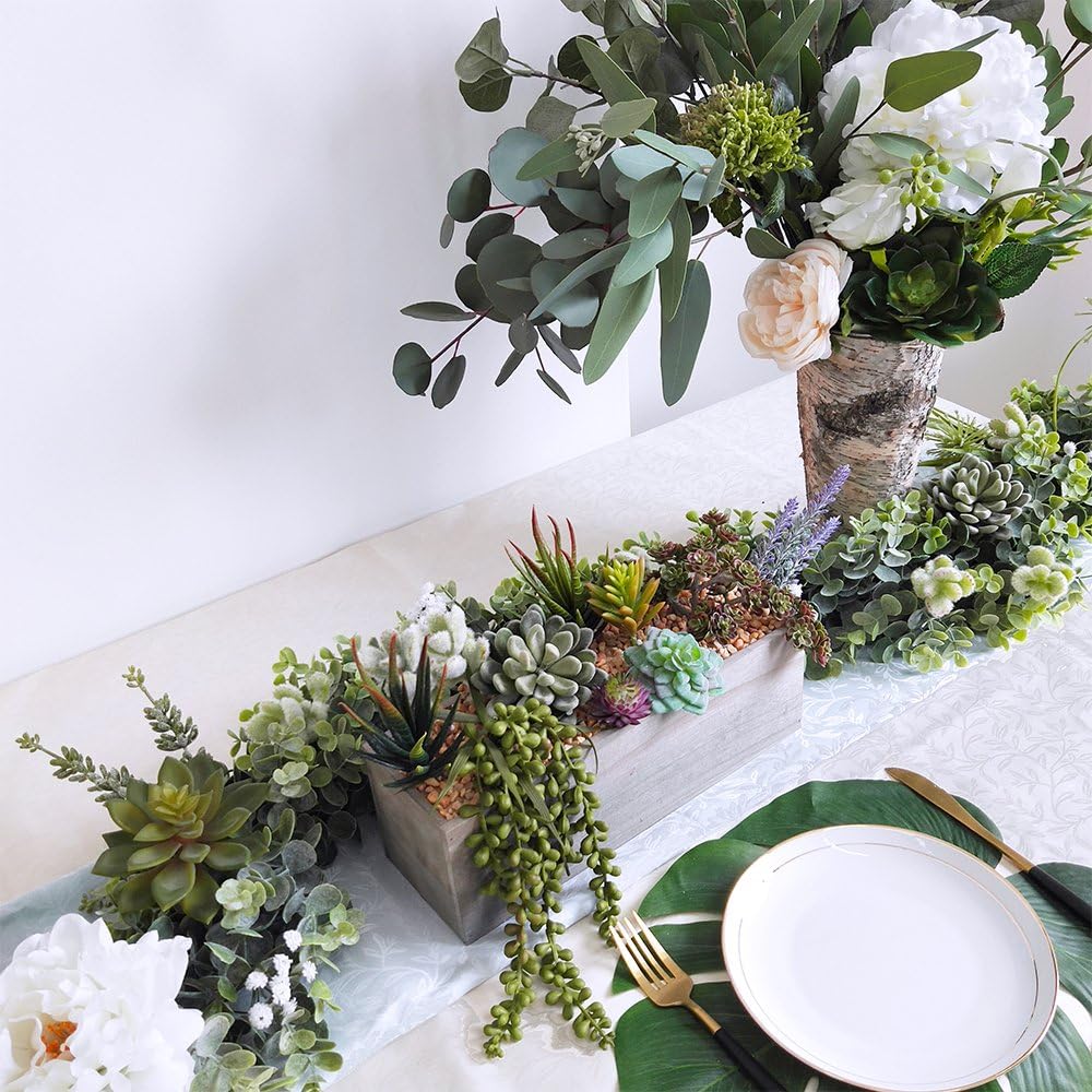 Artificial Potted Succulents Plants Arrangement Fake Succulent Plants in Rectangular Wooden Pot