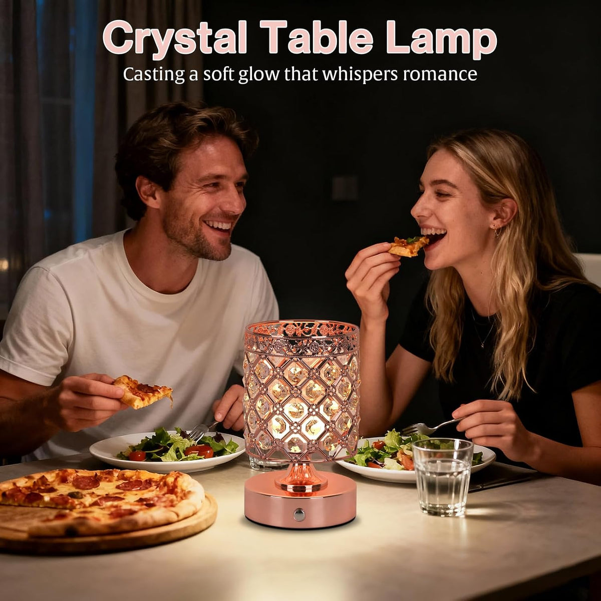 Rose Gold Small Crystal Rechargeable Cordless Table Lamps Set of 2 | 6000mAh Battery, 3 Color Temps, Stepless Dimming