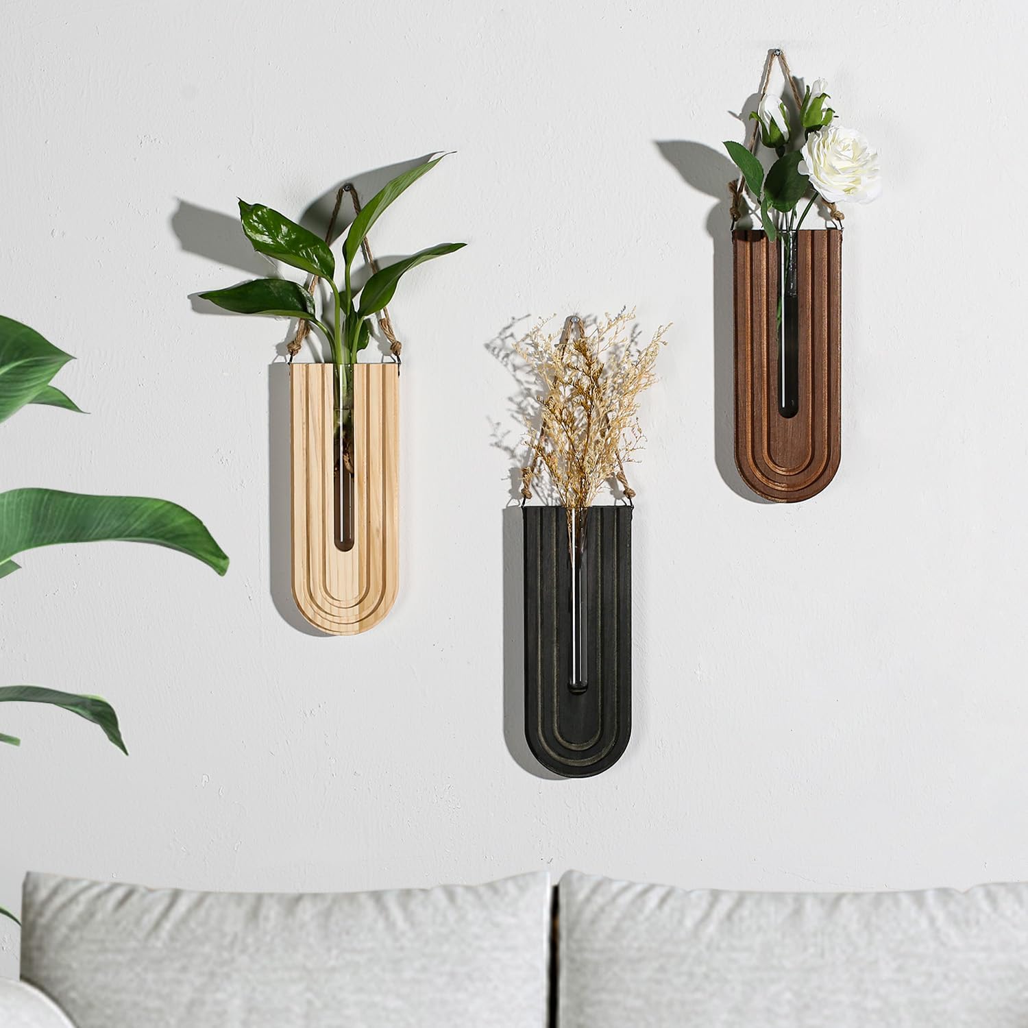 Indoor Wood Wall Planter for Plants / Black + Brown + Dark Brown / Set of 3