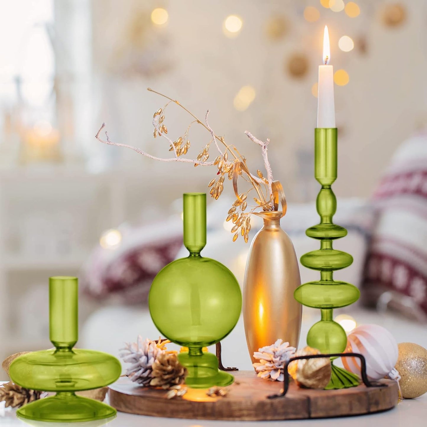 Rtteri 3 Pcs Iridescent Glass Candlestick Holders Taper Candle, Green | Taper Candles Holder, Wavy Glass Holder Stable