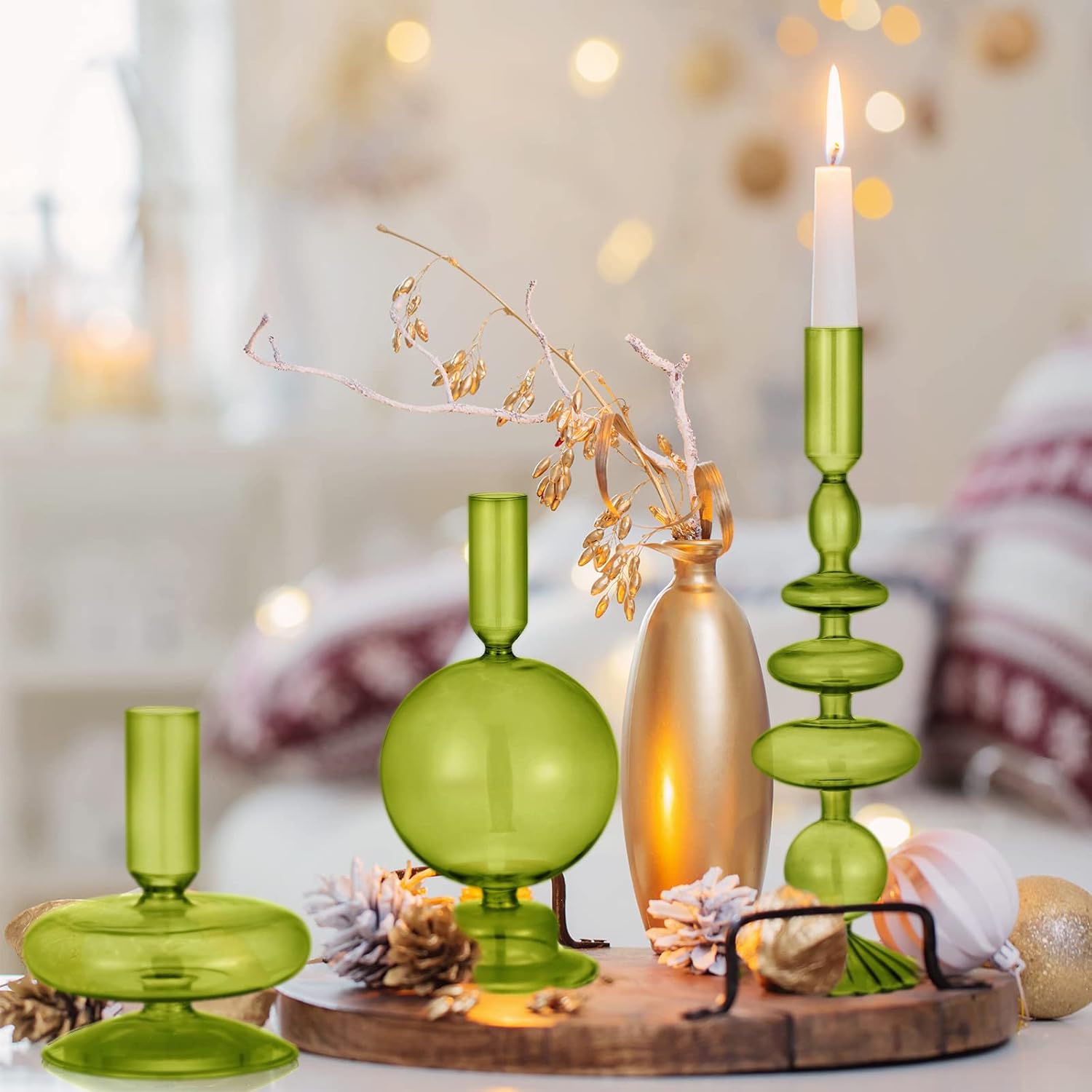 Rtteri 3 Pcs Iridescent Glass Candlestick Holders Taper Candle, Green | Taper Candles Holder, Wavy Glass Holder Stable