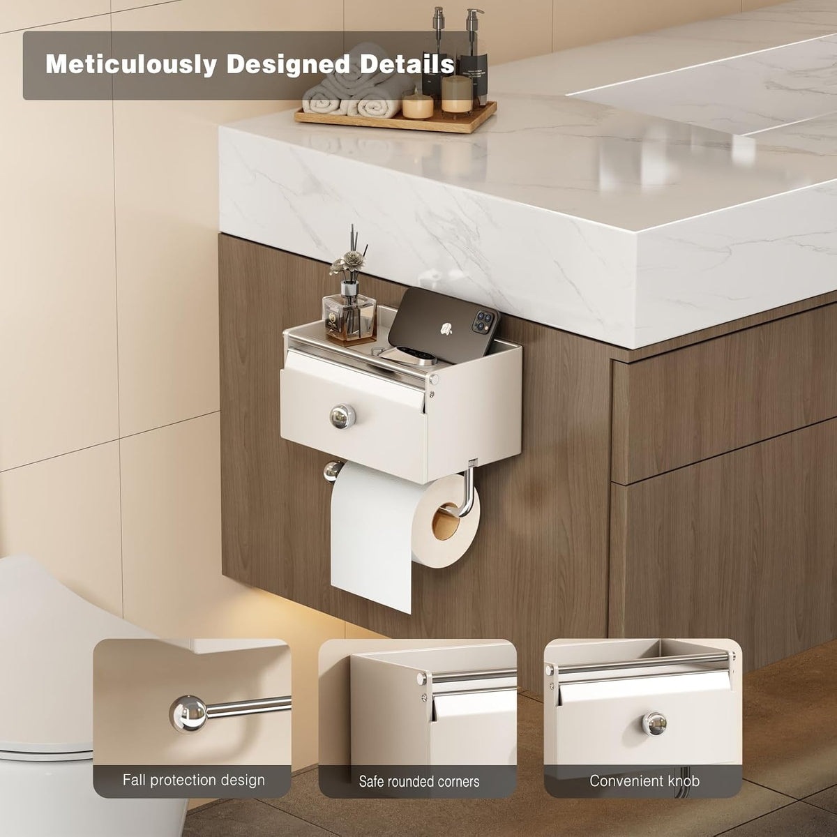 Voldra Toilet Paper Holder with Shelf, Flushable Wipes Dispenser for Bathroom, Adhesive Toilet Paper Roll Holder with