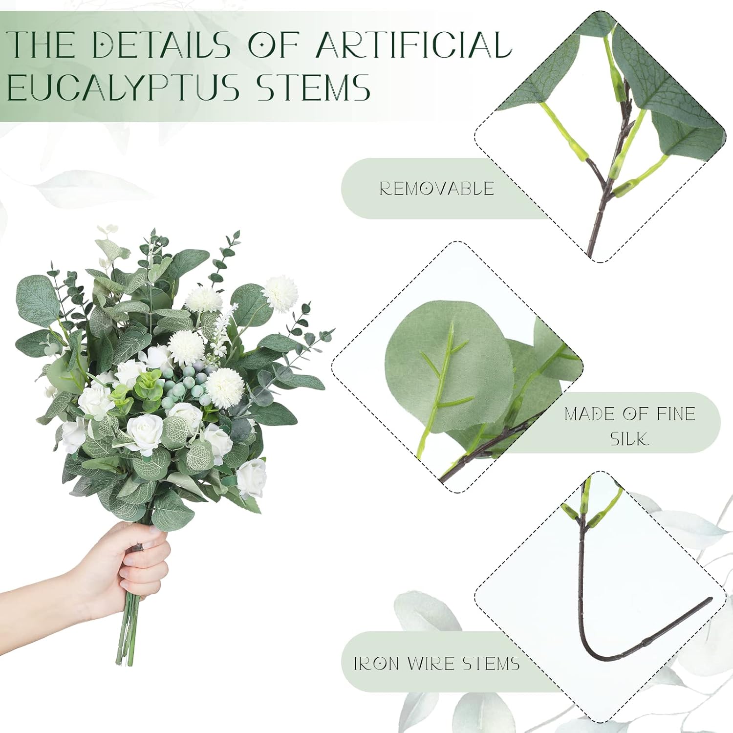3 Kinds Mixed Artificial Eucalyptus Leaves Stems Bulk Silver Dollar Leaves Picks / Green / Set of 90