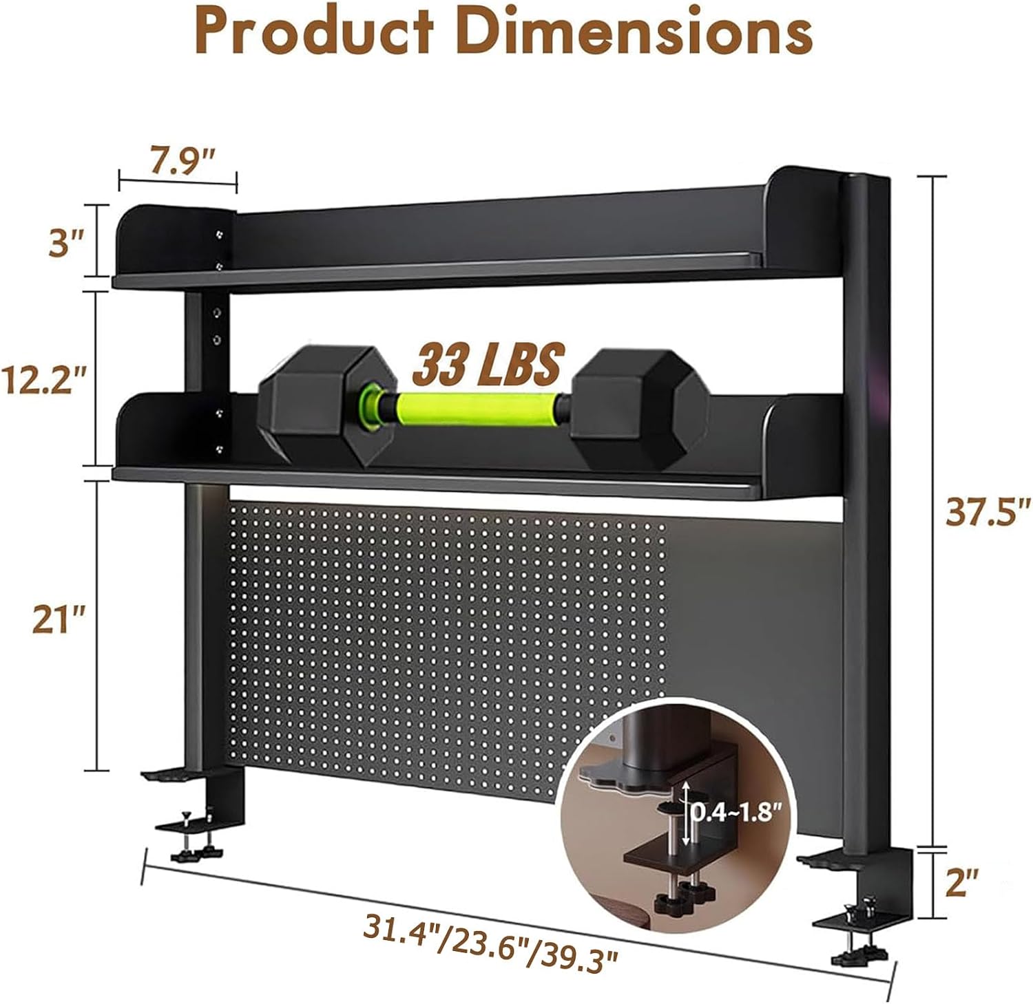 Clamp On Desk Pegboard Shelf - Metal Desktop Organizer Hutch with 2 Shelves | Storage and Display, Desk Add-On Shelf