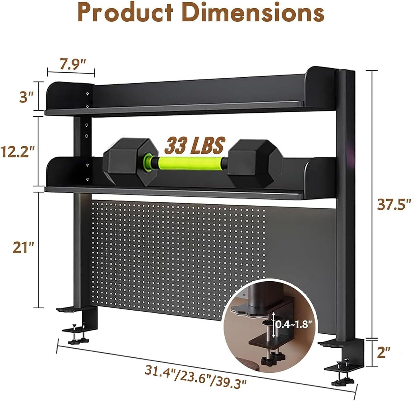 Clamp On Desk Pegboard Shelf - Metal Desktop Organizer Hutch with 2 Shelves | Storage and Display, Desk Add-On Shelf