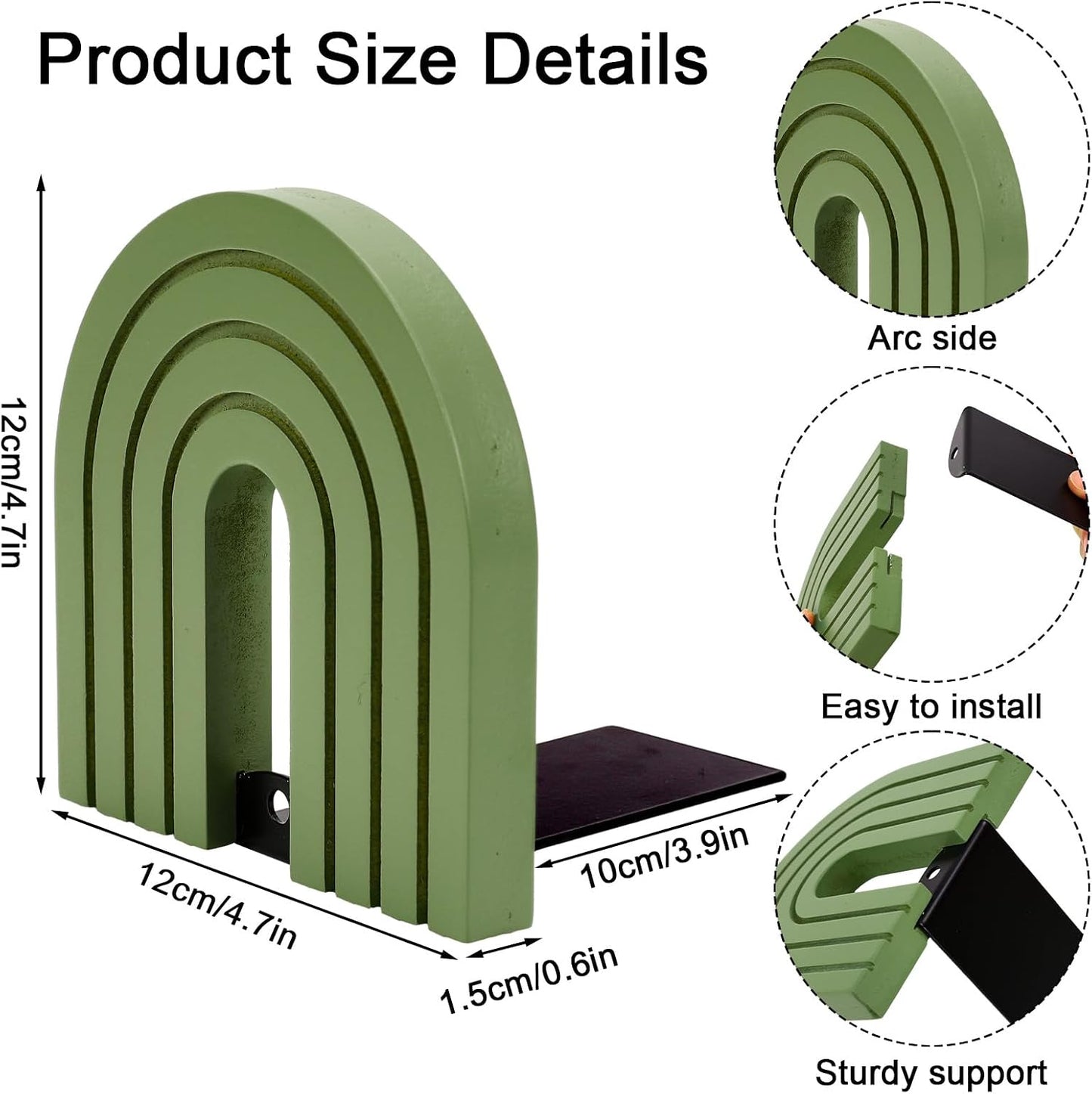 Boho Arch Wood Bookends Non Skid Book Stoppers Rainbow Shape Wooden Book / Sage Green / Set of 4