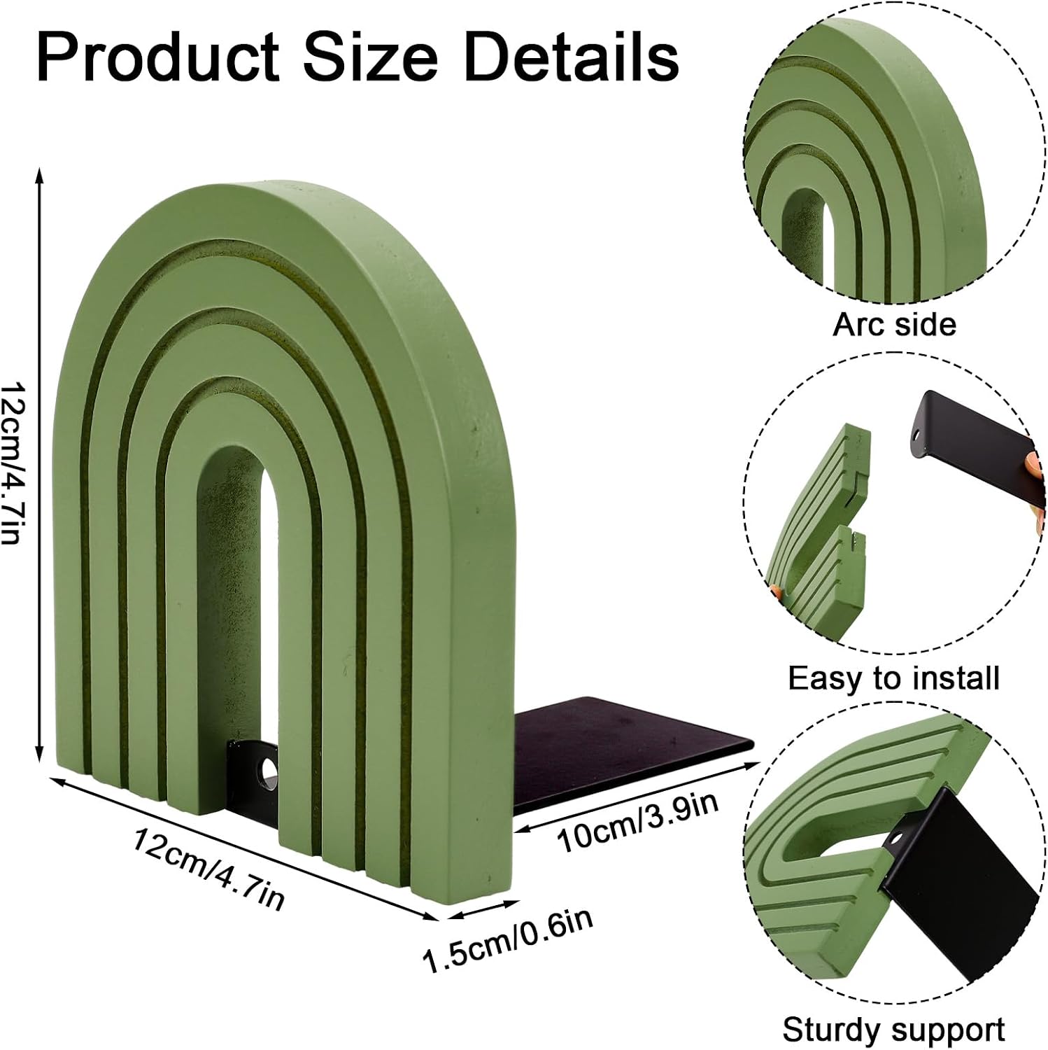 Boho Arch Wood Bookends Non Skid Book Stoppers Rainbow Shape Wooden Book / Sage Green / Set of 4