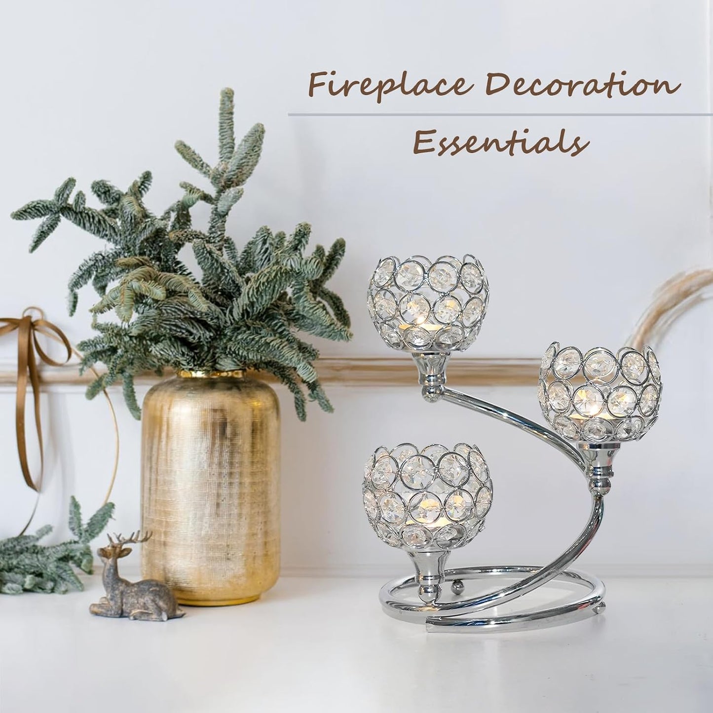 Metal Crystal Candle Holder Set of 6 - Elegant 3-Arm Tea Light Centerpiece with Shining Crystal Bowl, Wedding