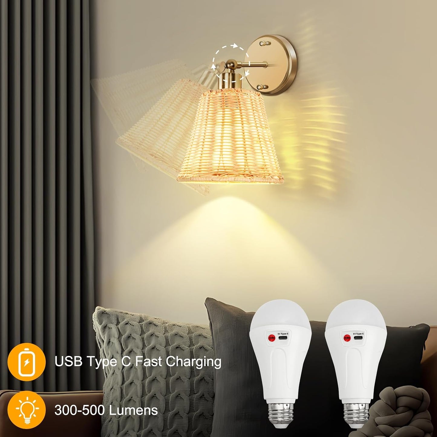 Frideko Rattan Rechargeable Battery Operated Wall Sconces Set of Two with Remote, 3 Colors Dimmable Wireless Wall