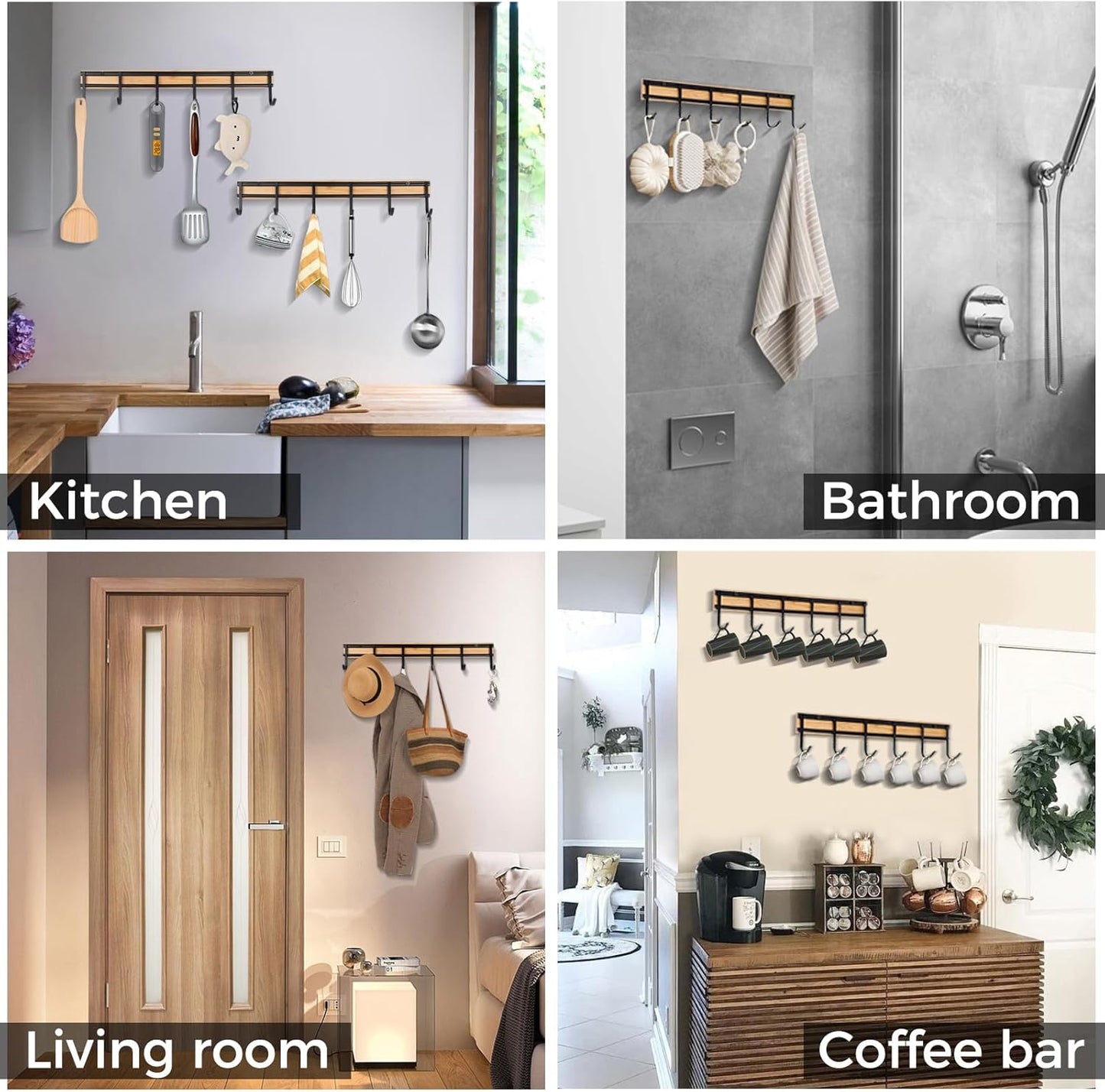 6 Hooks / Kitchen Wall Hooks / Bamboo + Screws / Set of 2